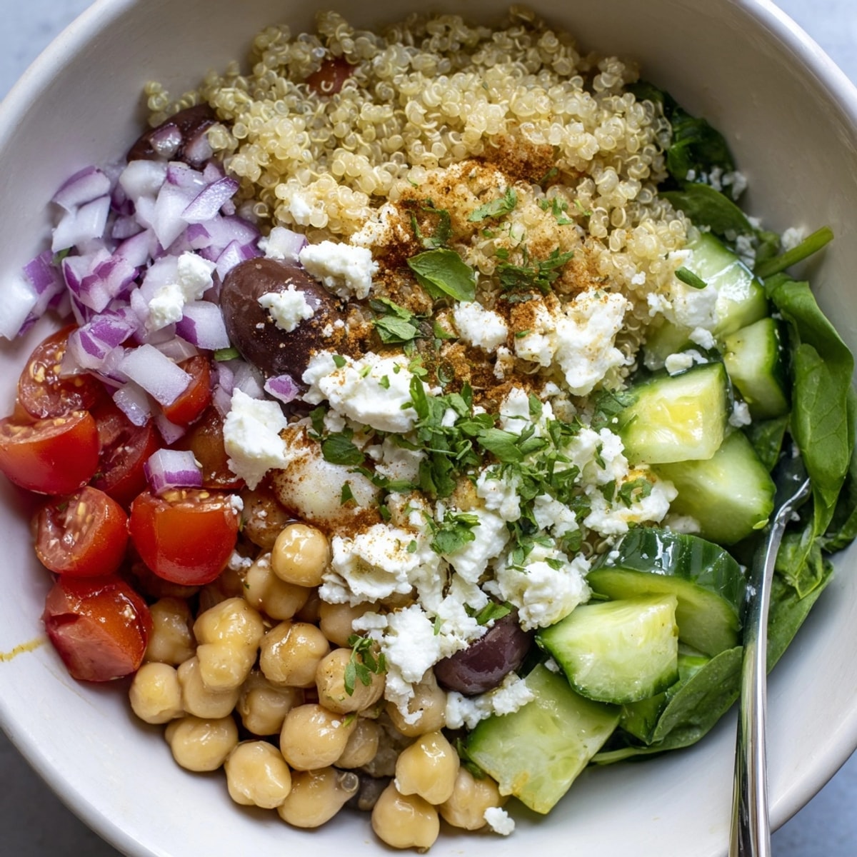 Bright and colorful Mediterranean Quinoa Bowl, ready to eat, with feta and herbs.