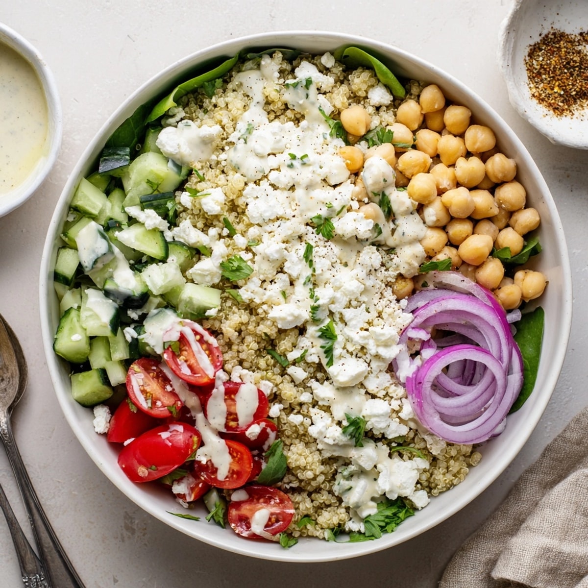 A flavorful Mediterranean Quinoa Bowl: quinoa, fresh vegetables, and creamy lemon-tahini dressing.