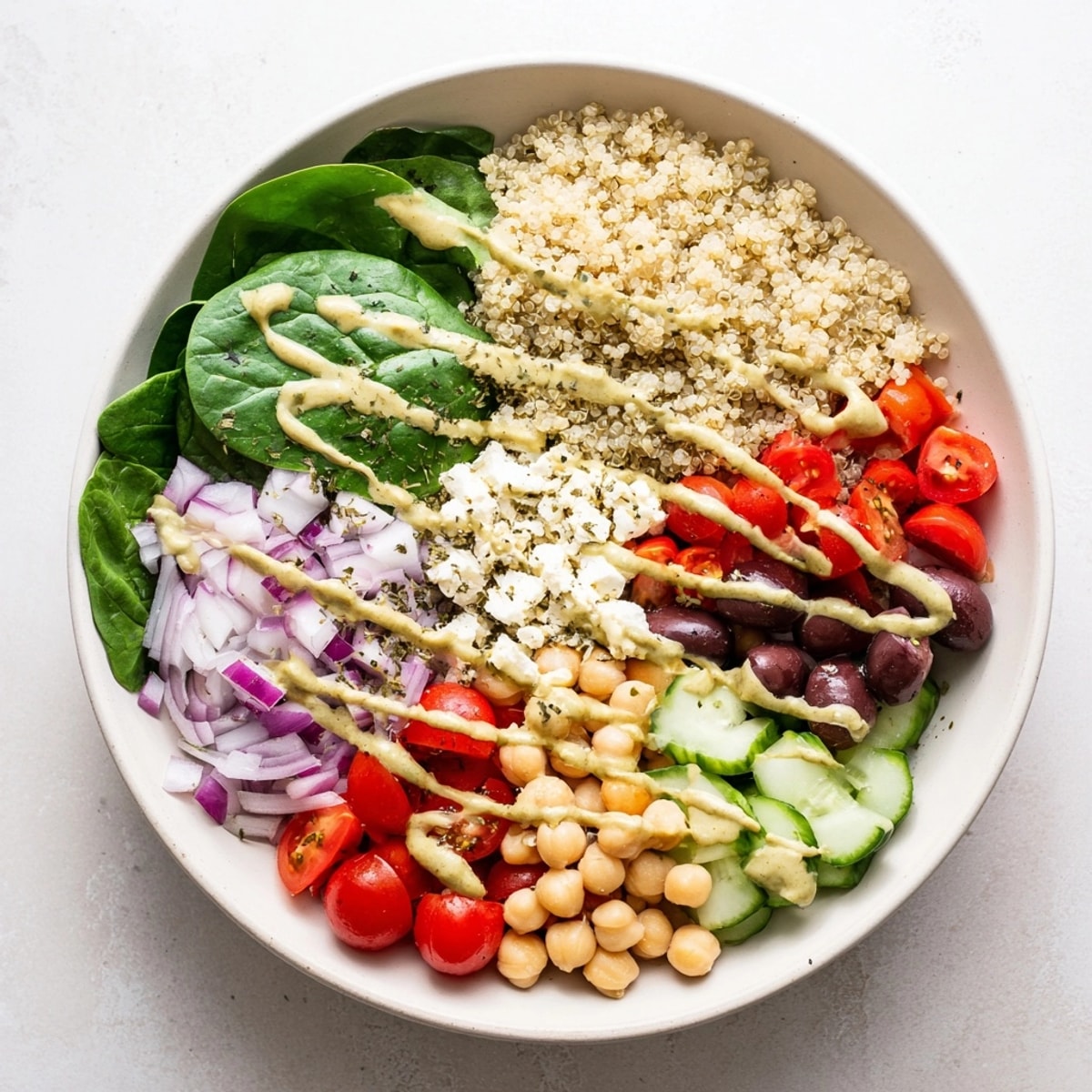 Overhead shot of a prepared Mediterranean Quinoa Bowl, featuring layers of vibrant, healthy ingredients.