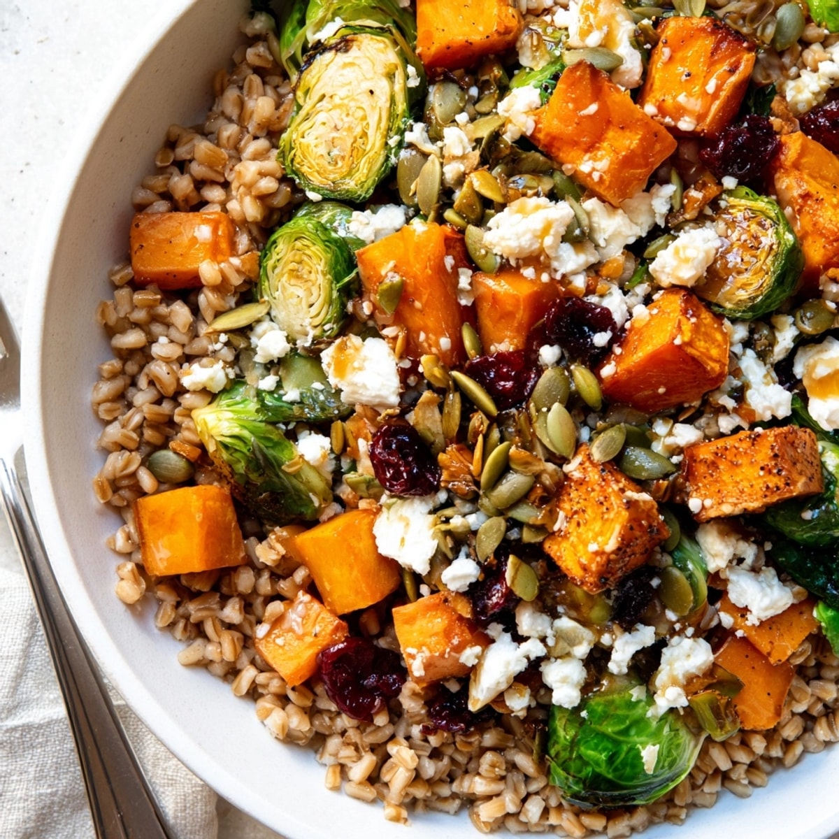 Close-up of a colorful Harvest Farro Bowl, showcasing roasted veggies and tangy dressing.