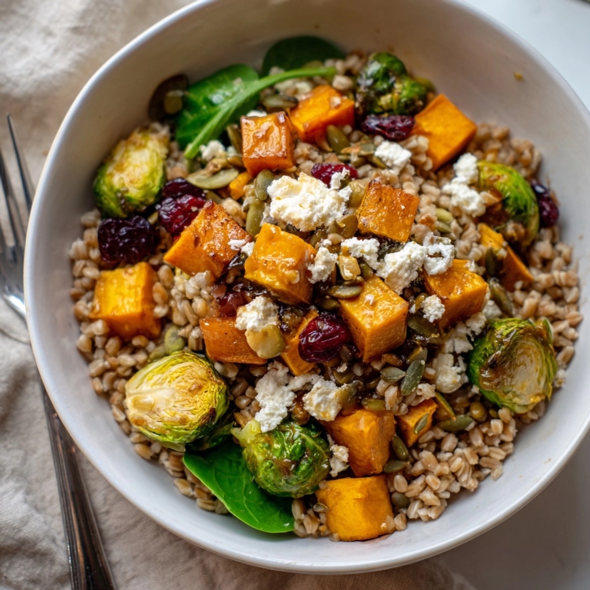 Overhead shot of a vibrant Harvest Farro Bowl, dressed with maple-dijon vinaigrette ready to serve.