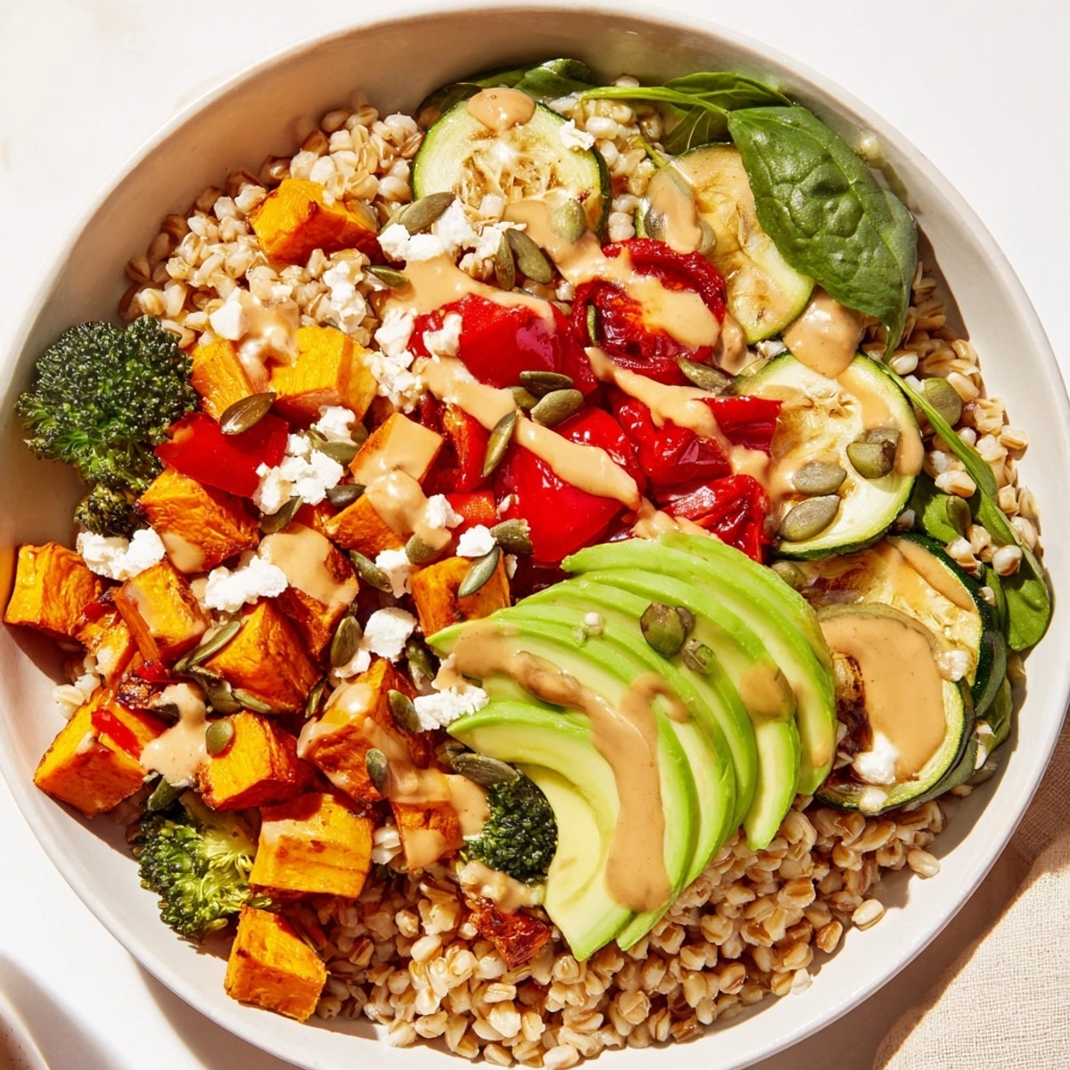 Overhead shot of a vibrant Barley Veggie Power Bowl with tahini dressing.