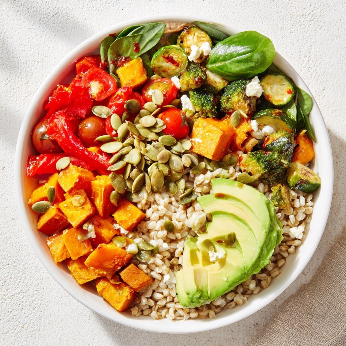 Close-up shows colorful roasted veggies in a Barley Veggie Power Bowl, ready to eat.