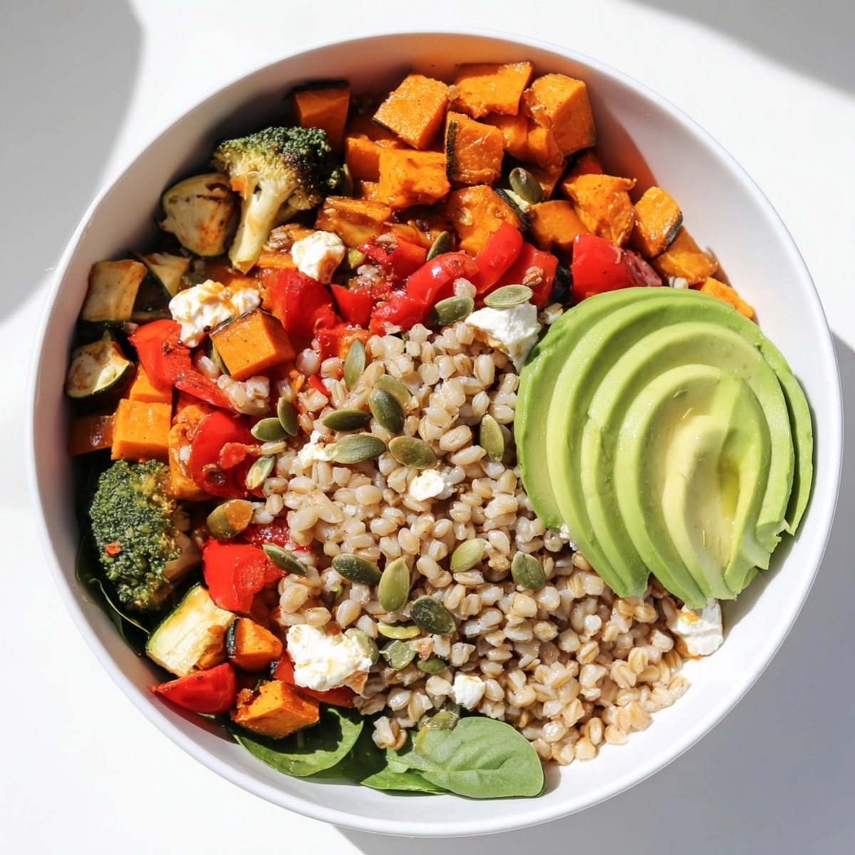 Creamy tahini dressing blankets a wholesome Barley Veggie Power Bowl with pumpkin seeds.