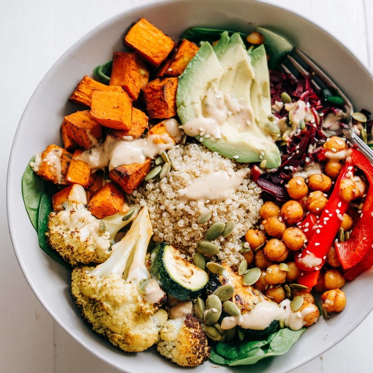 Golden roasted vegetables and creamy tahini make this Roasted Veggie Buddha Bowl shine.