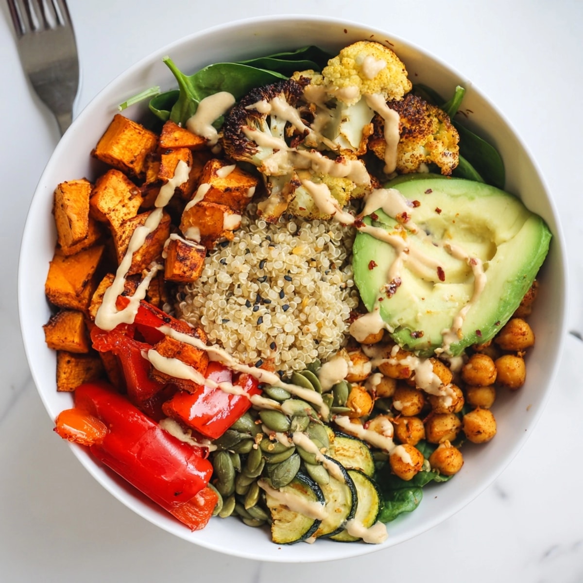 Close-up of a colorful, satisfying Roasted Veggie Buddha Bowl with quinoa and tahini dressing.