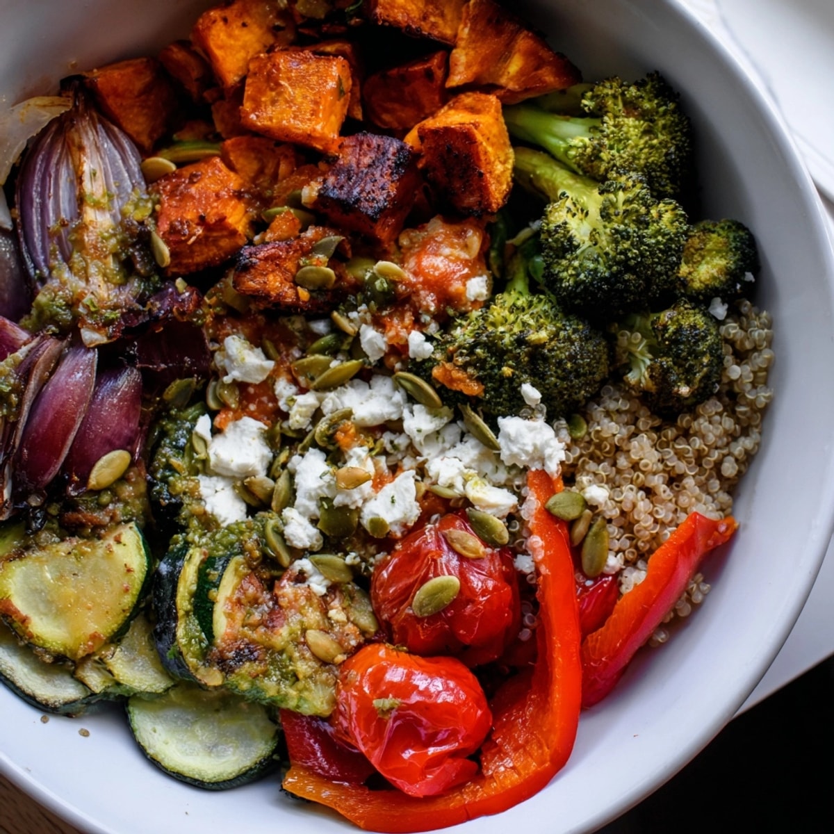 Roasted Garlic Herb Veggie Bowl: Colorful vegetables and quinoa drizzled with fragrant, zesty dressing.