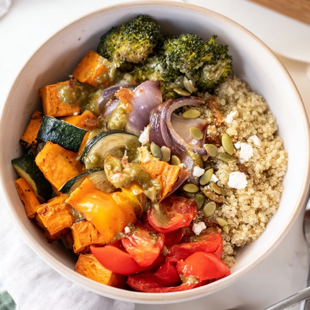 A warm Garlic Herb Veggie Bowl, showing toasted pumpkin seeds and crumbled feta on top.