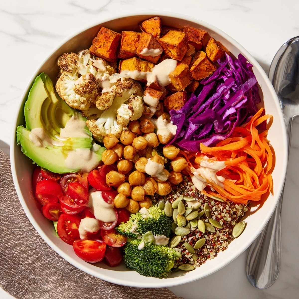 Rainbow Veggie Nourish Bowl: A colorful explosion of roasted veggies and creamy tahini dressing.