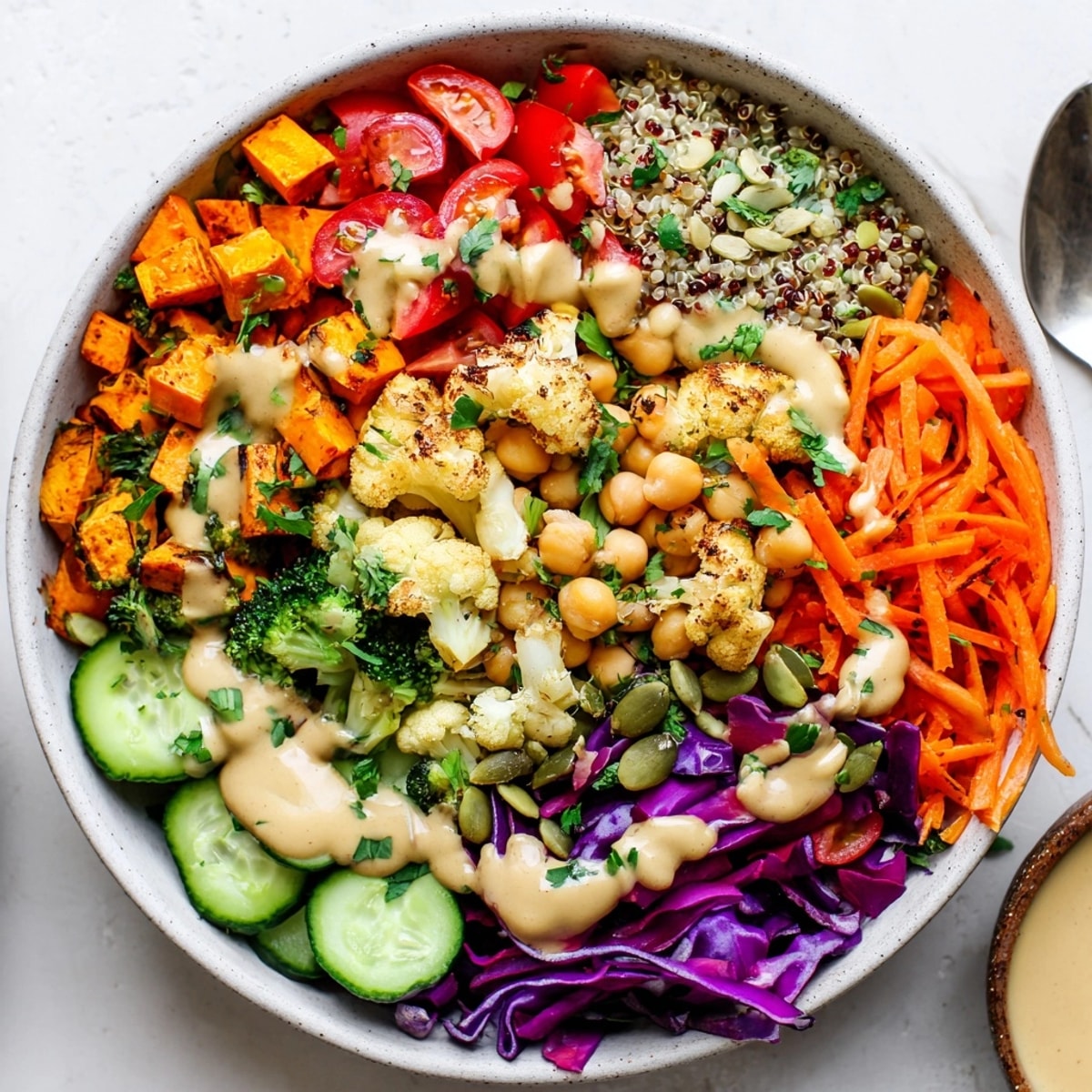 Eye-level shot of a Rainbow Veggie Nourish Bowl, showcasing roasted sweet potatoes and fresh greens.