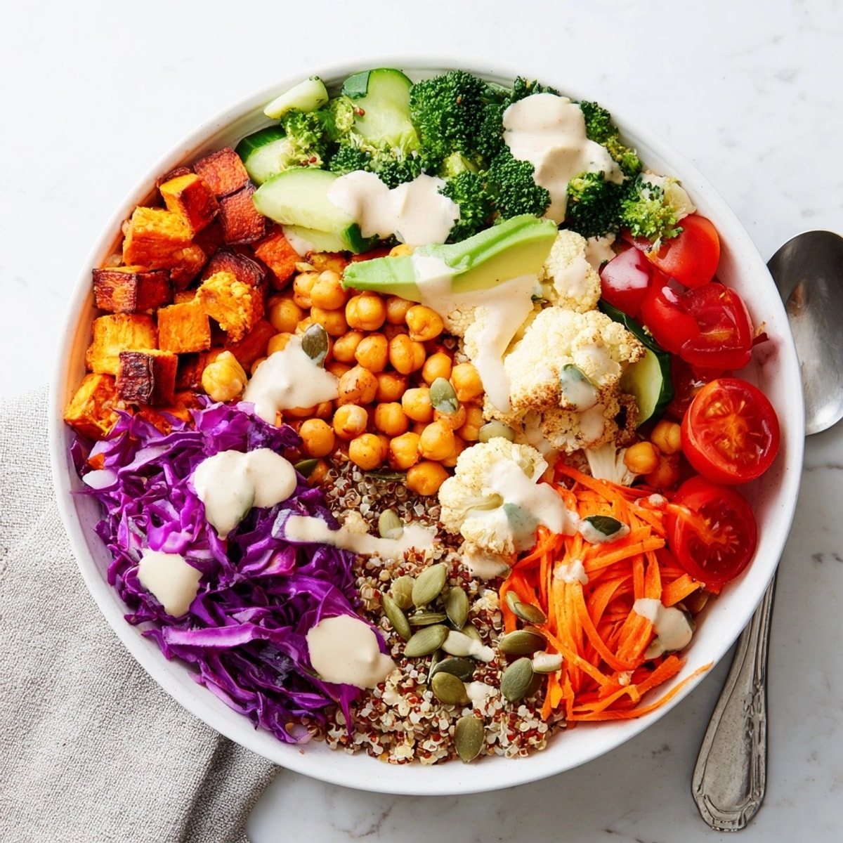 Vegan Rainbow Veggie Nourish Bowl recipe: Vibrant layers of quinoa, veggies, and tahini sauce.