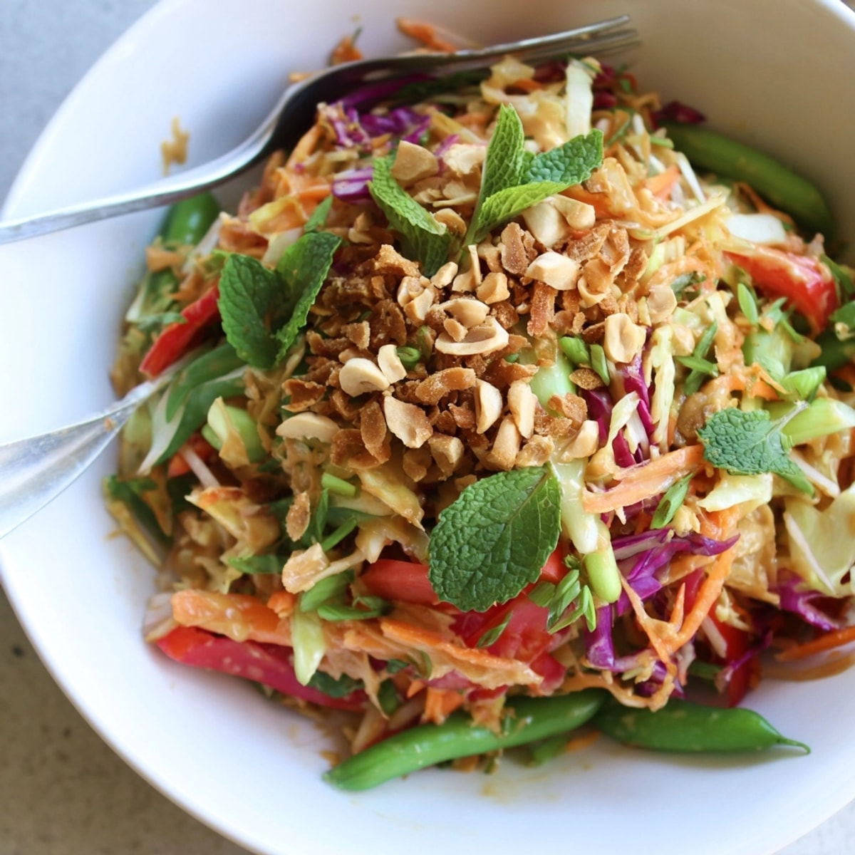 Close-up of Crunchy Thai Salad Bowl, showing fresh vegetables and chopped peanuts.