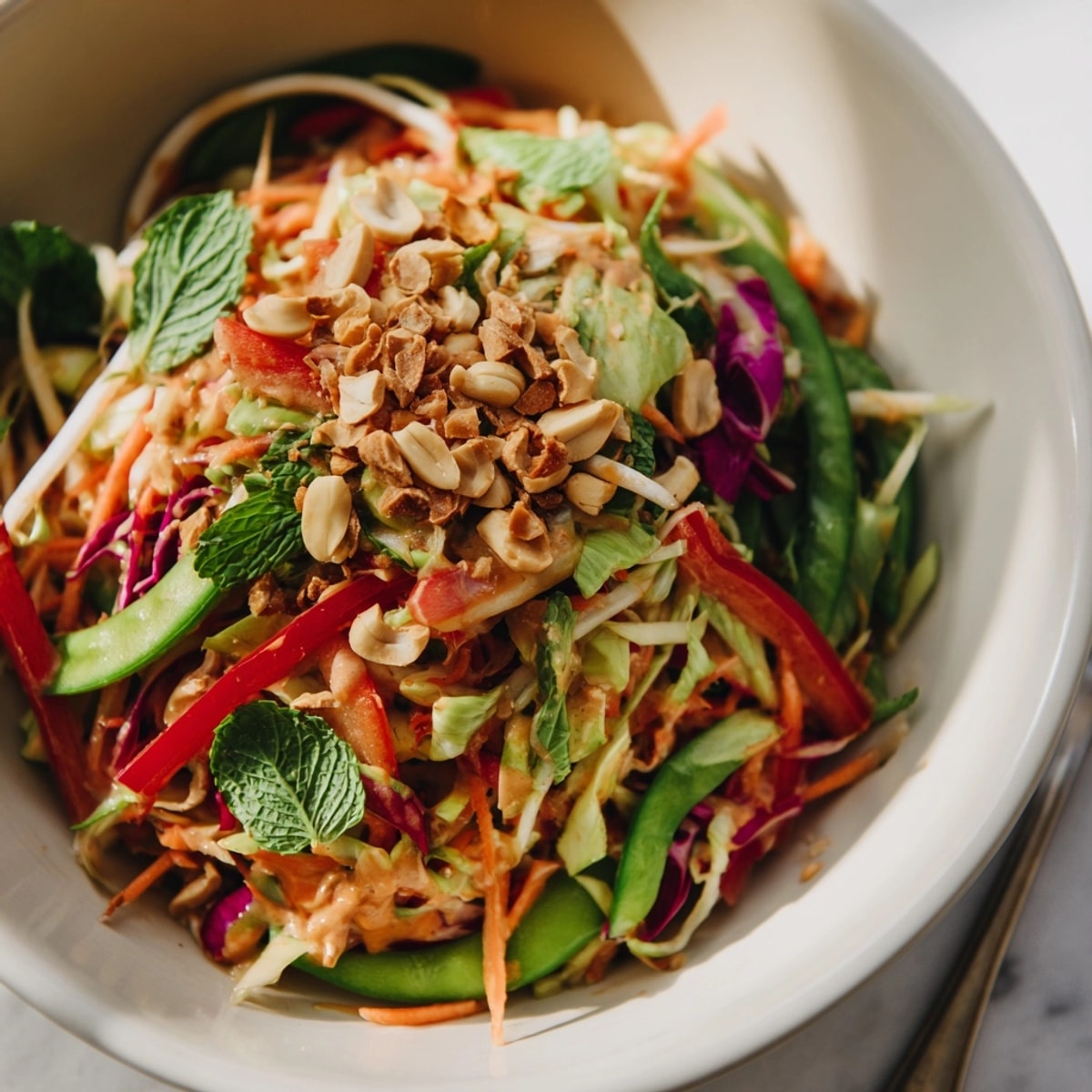 Making the Crunchy Thai Salad Bowl: Tossed colorful veggies in a zesty peanut dressing.