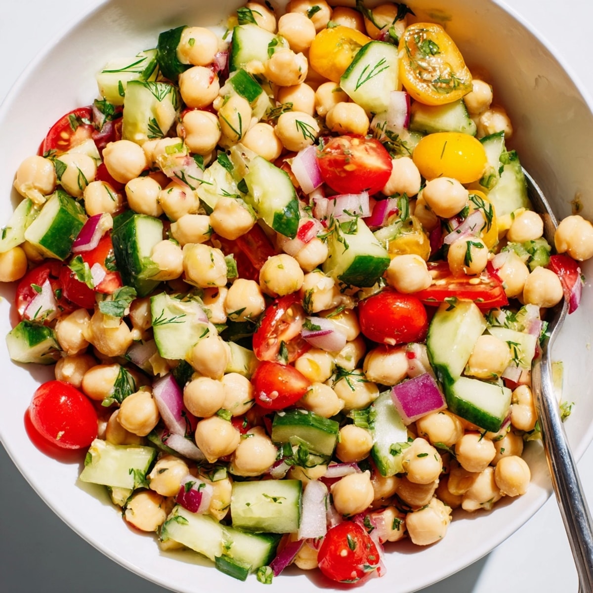 Bright Lemon Herb Chickpea Salad, ready to serve in a sunlit bowl.