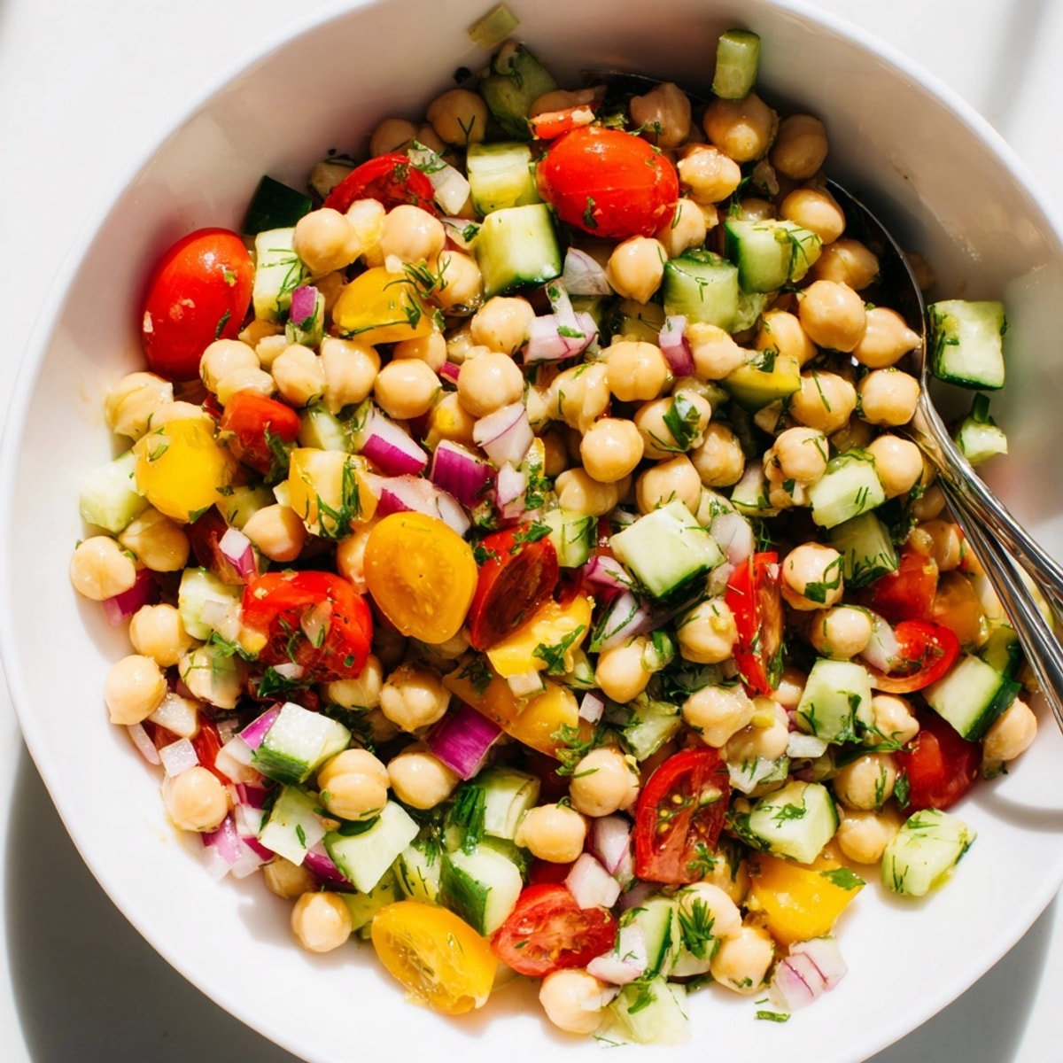 Vibrant Lemon Herb Chickpea Salad recipe, a colorful and healthy vegan lunch.