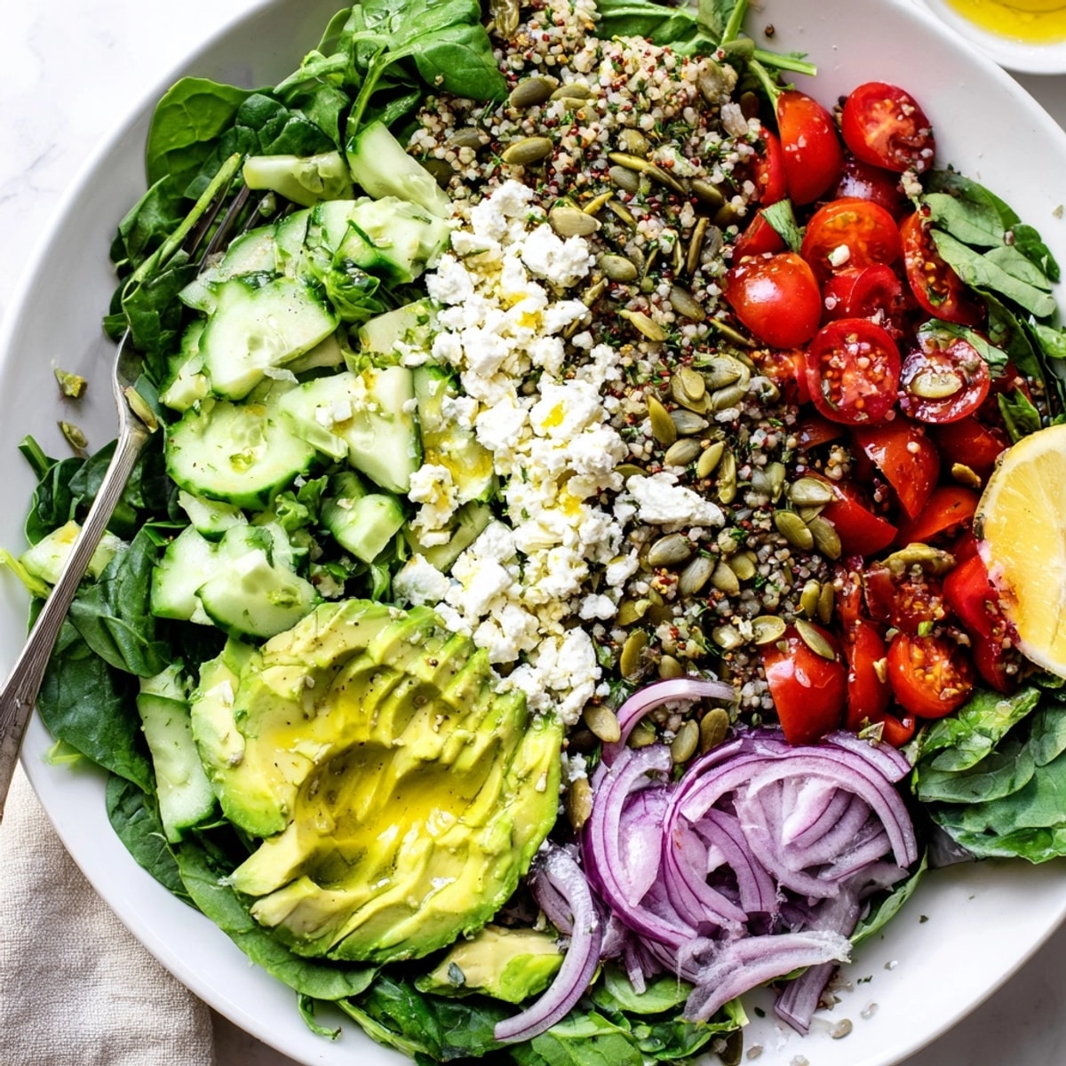 Close-up of a vibrant Avocado Greens Power Salad with glistening lemon vinaigrette.