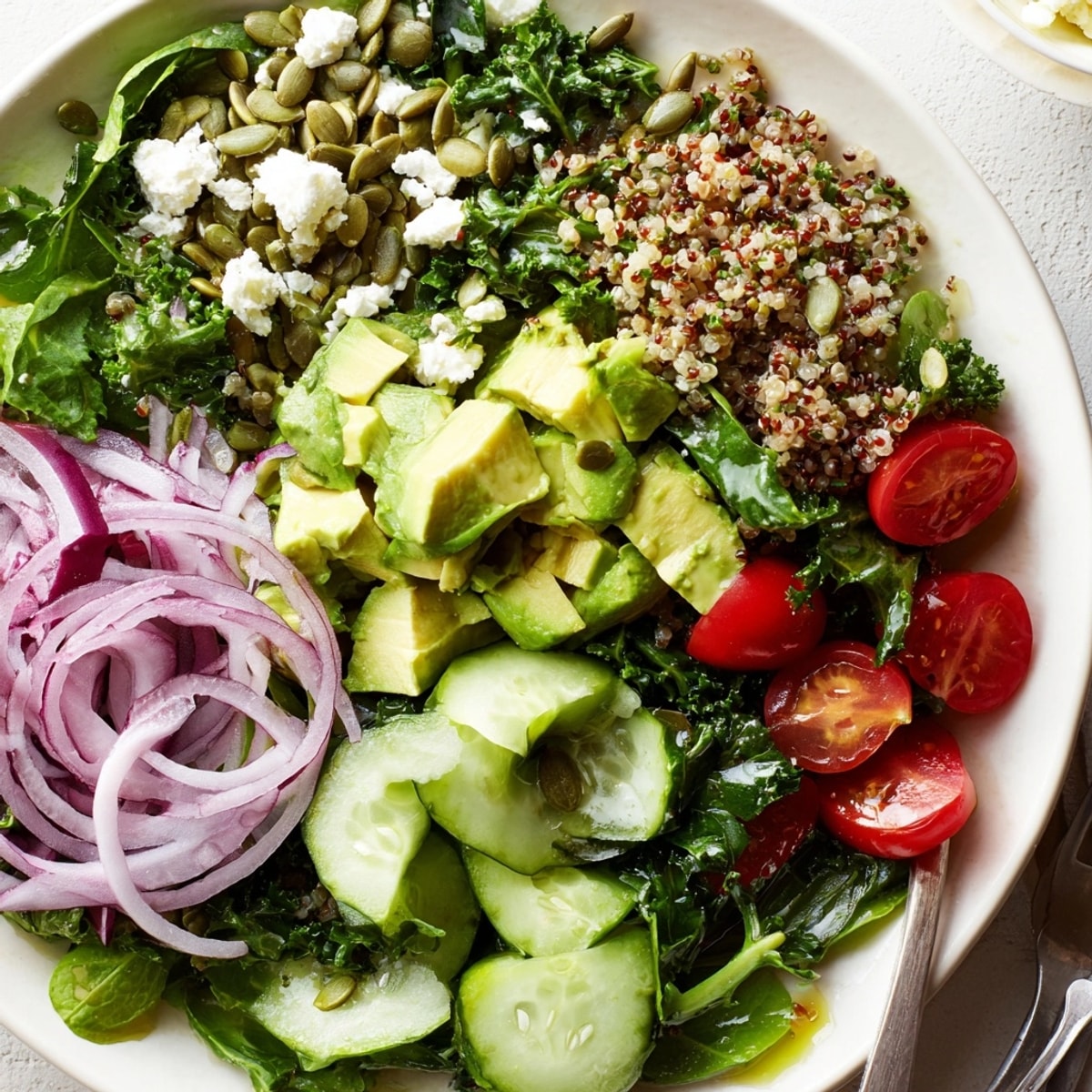 Fresh Avocado Greens Power Salad piled high, ready to enjoy for a healthy lunch.