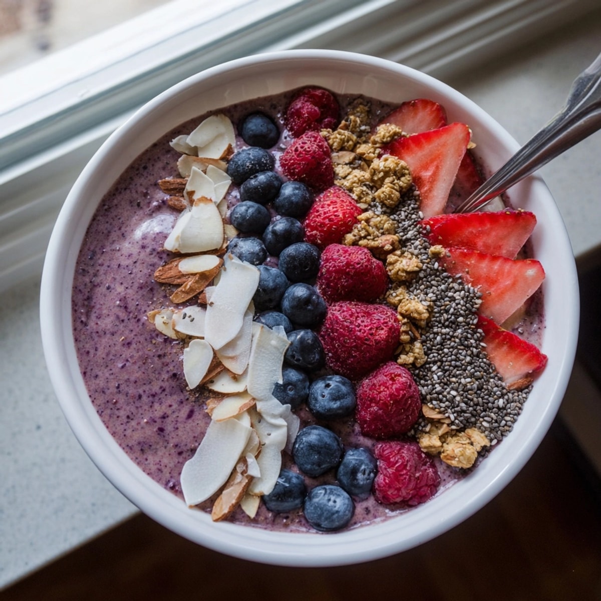 Berry Protein Smoothie Bowl: A frosty, vibrant breakfast with crunchy granola topping.