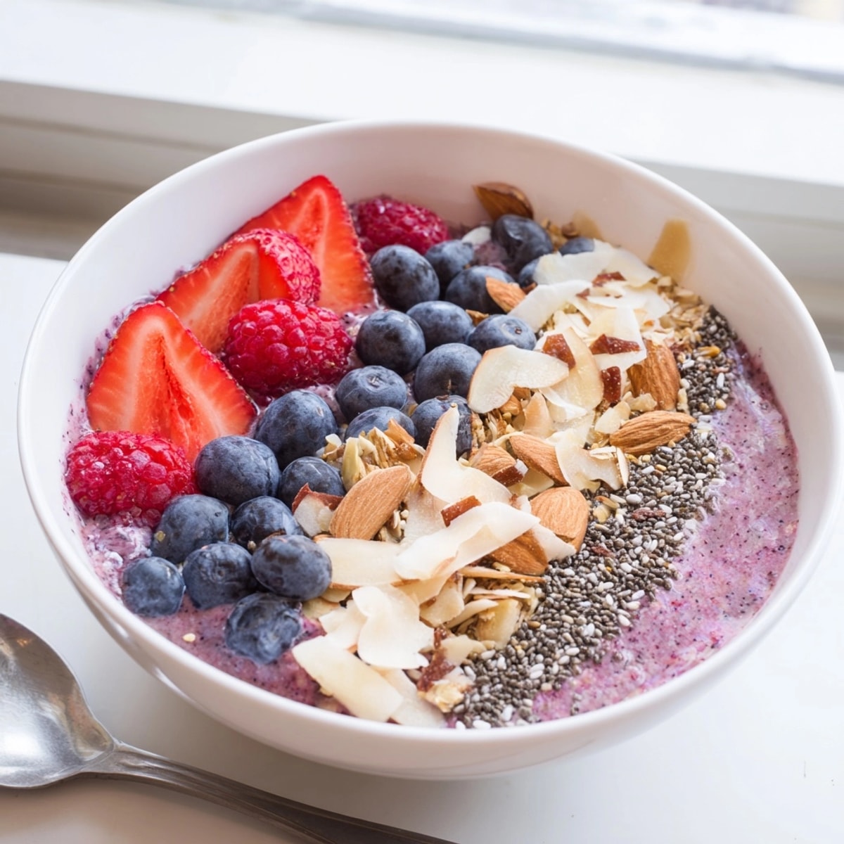 Creamy Berry Protein Smoothie Bowl, garnished with fresh berries and sliced almonds.