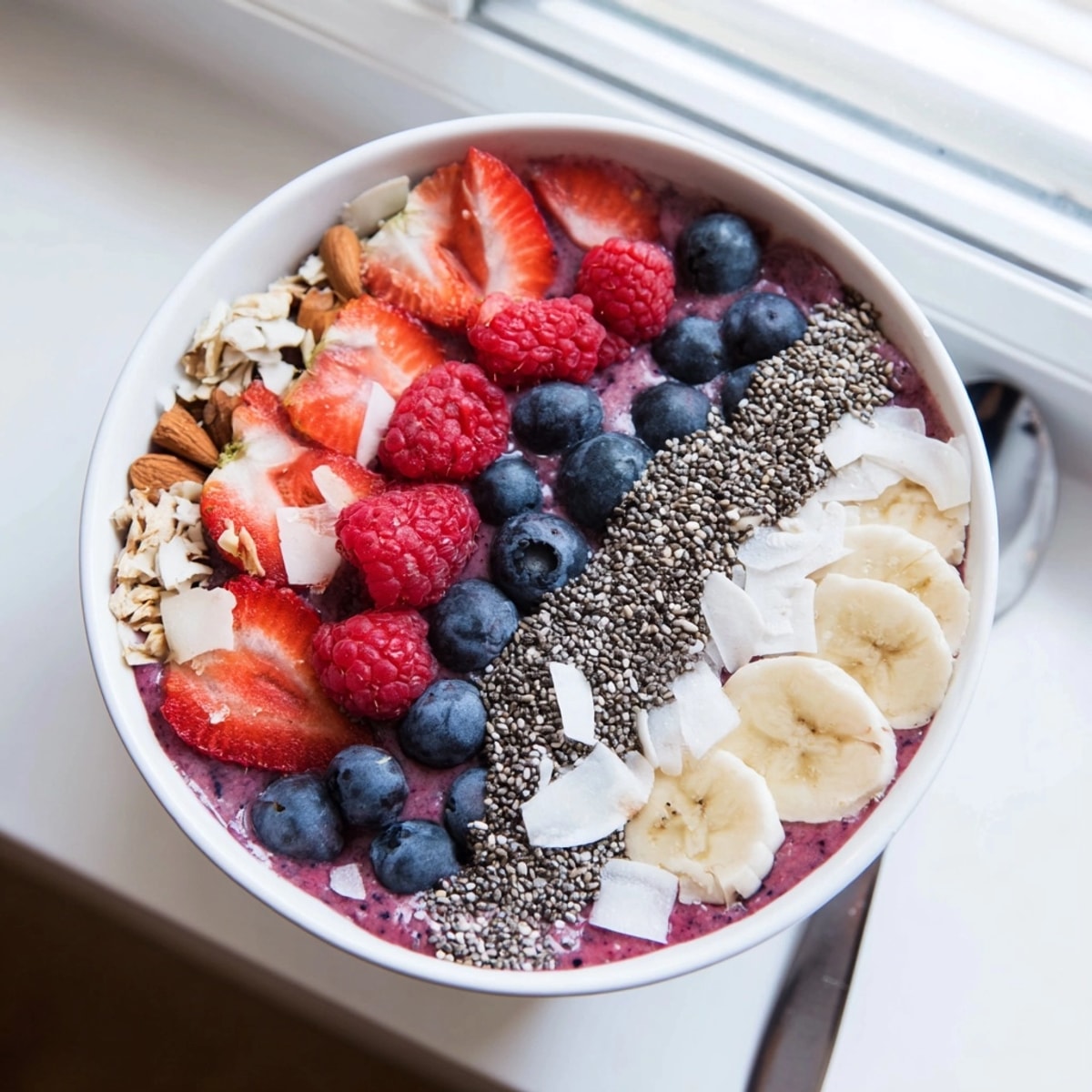 Enjoy a spoonable Berry Protein Smoothie Bowl, perfect for a quick, cool breakfast.