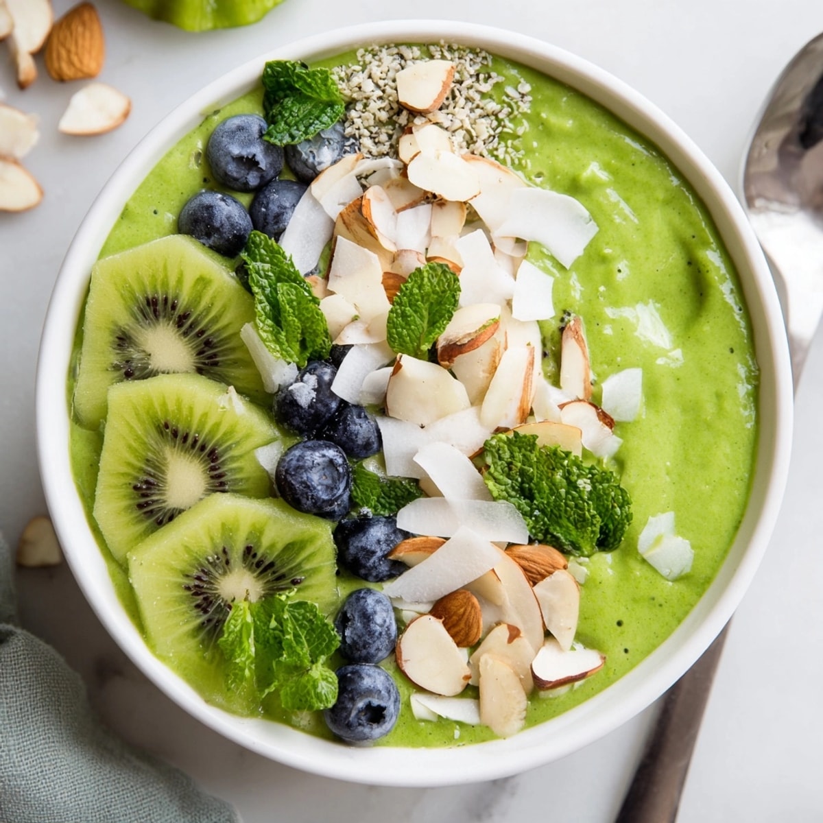 Vibrant Green Detox Smoothie Bowl, showcasing colorful toppings: kiwi, blueberries, almonds, and coconut.