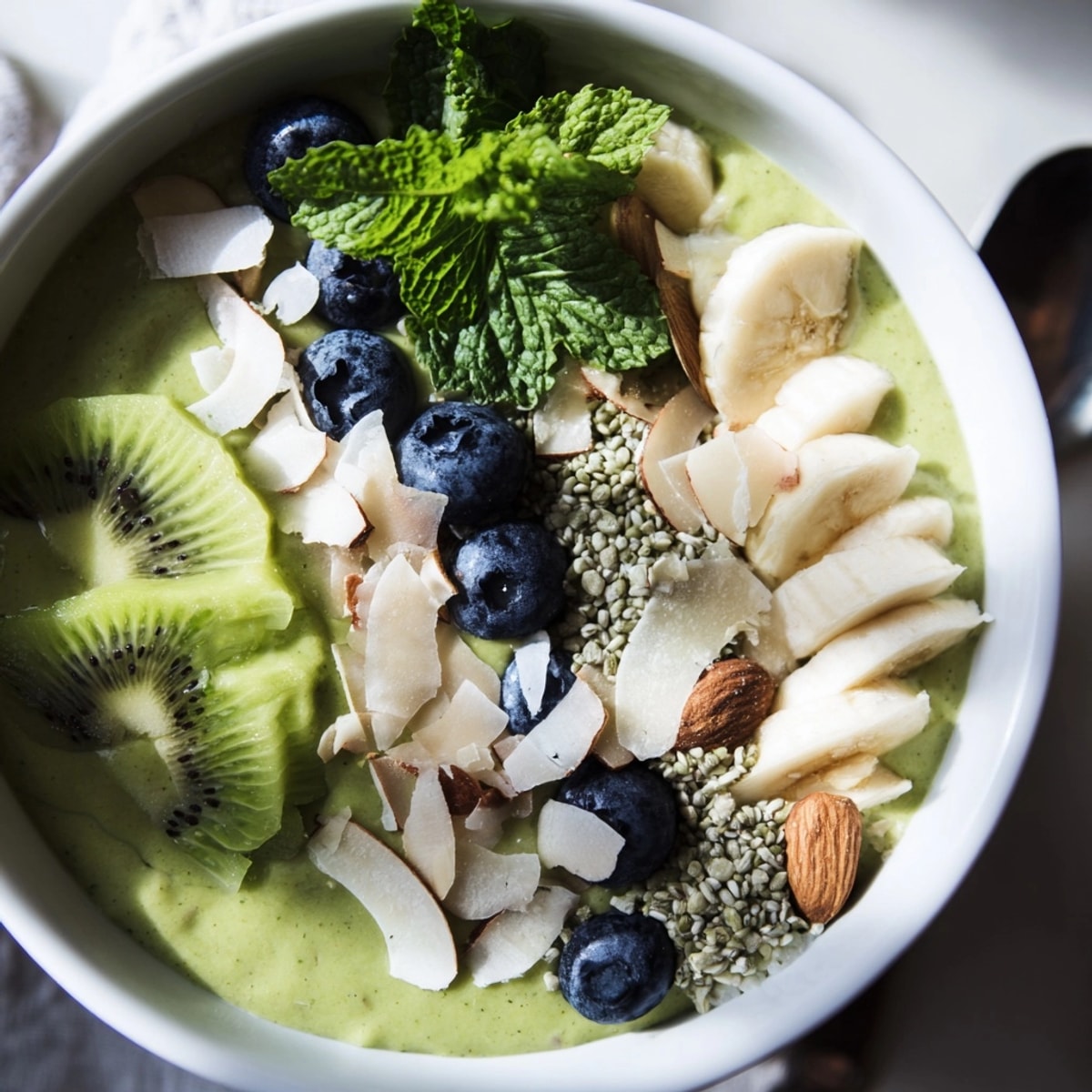 A Green Detox Smoothie Bowl recipe: creamy texture, garnished with fresh fruit and nuts.
