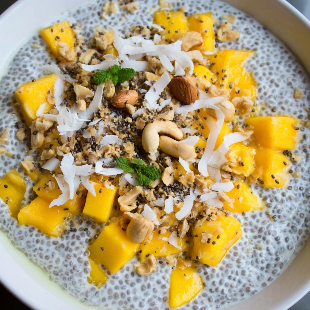 Creamy Tropical Mango Chia Bowl layered with juicy mango, coconut, and crunchy granola.
