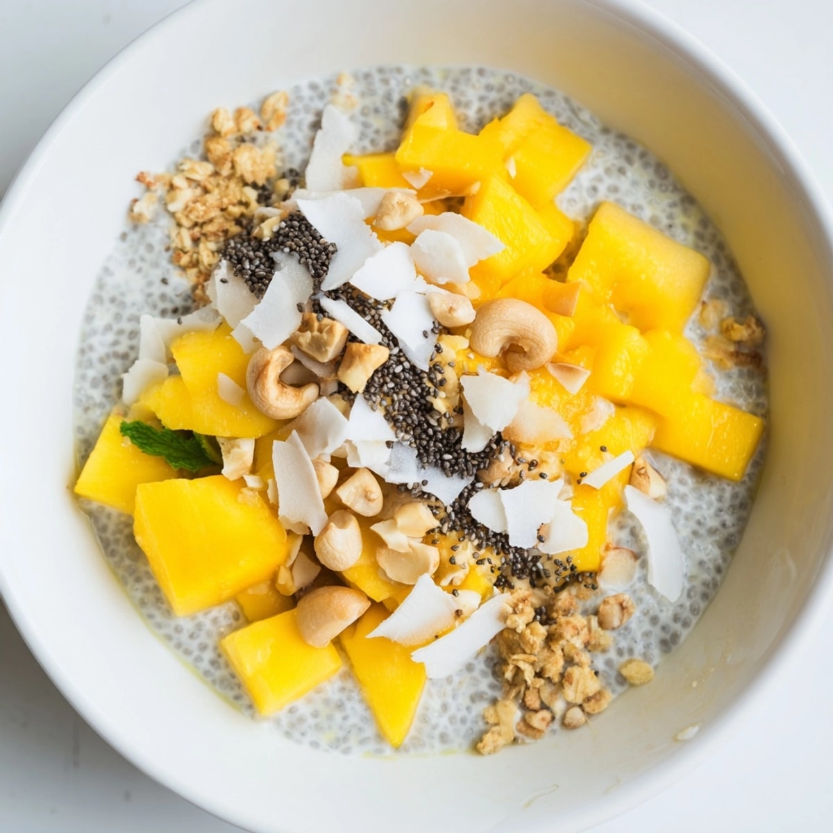 Overhead shot of vibrant Tropical Mango Chia Bowl, a vegan delight brimming with fruit.