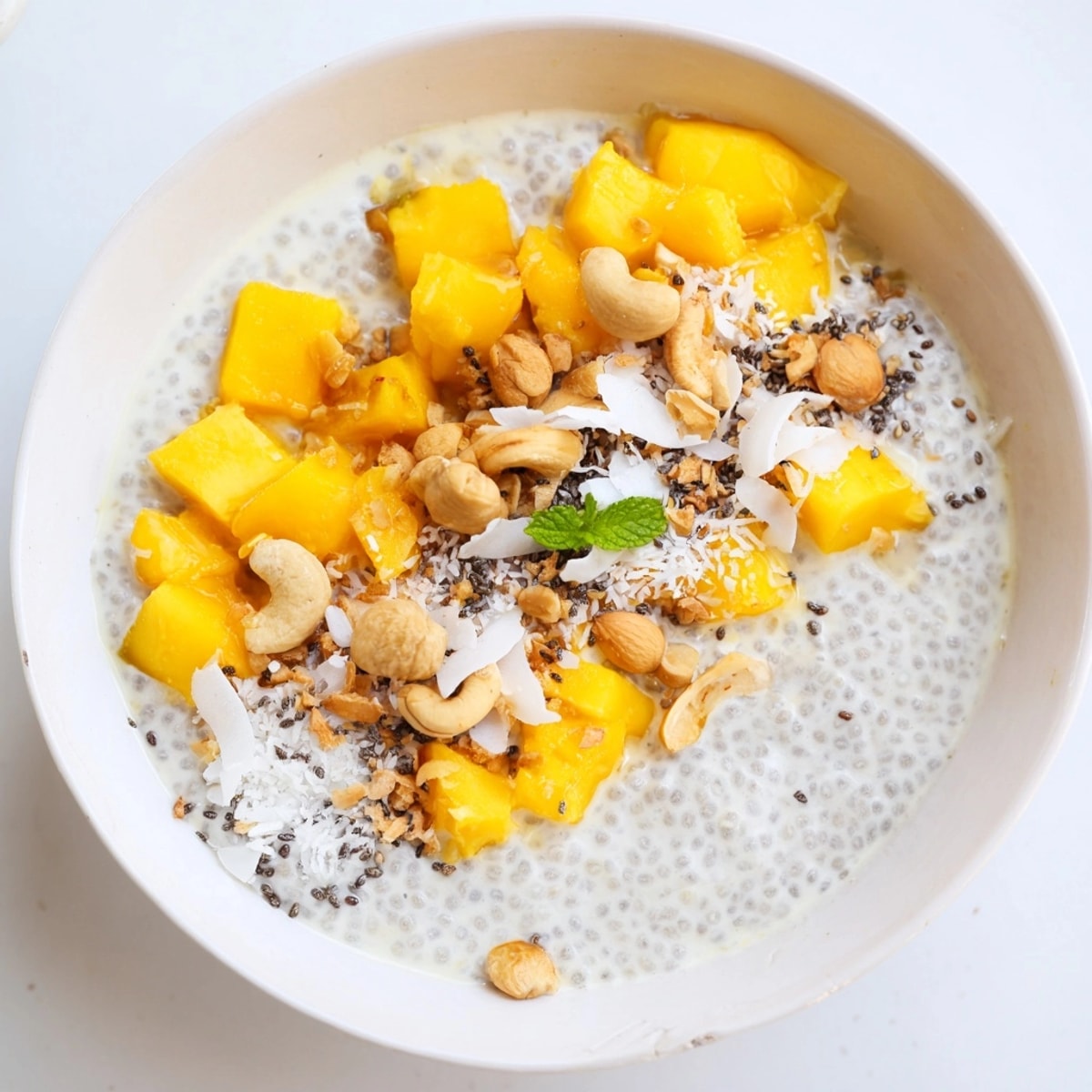 Enjoy a refreshing Tropical Mango Chia Bowl: a chilled, dairy-free breakfast with tropical flavors.