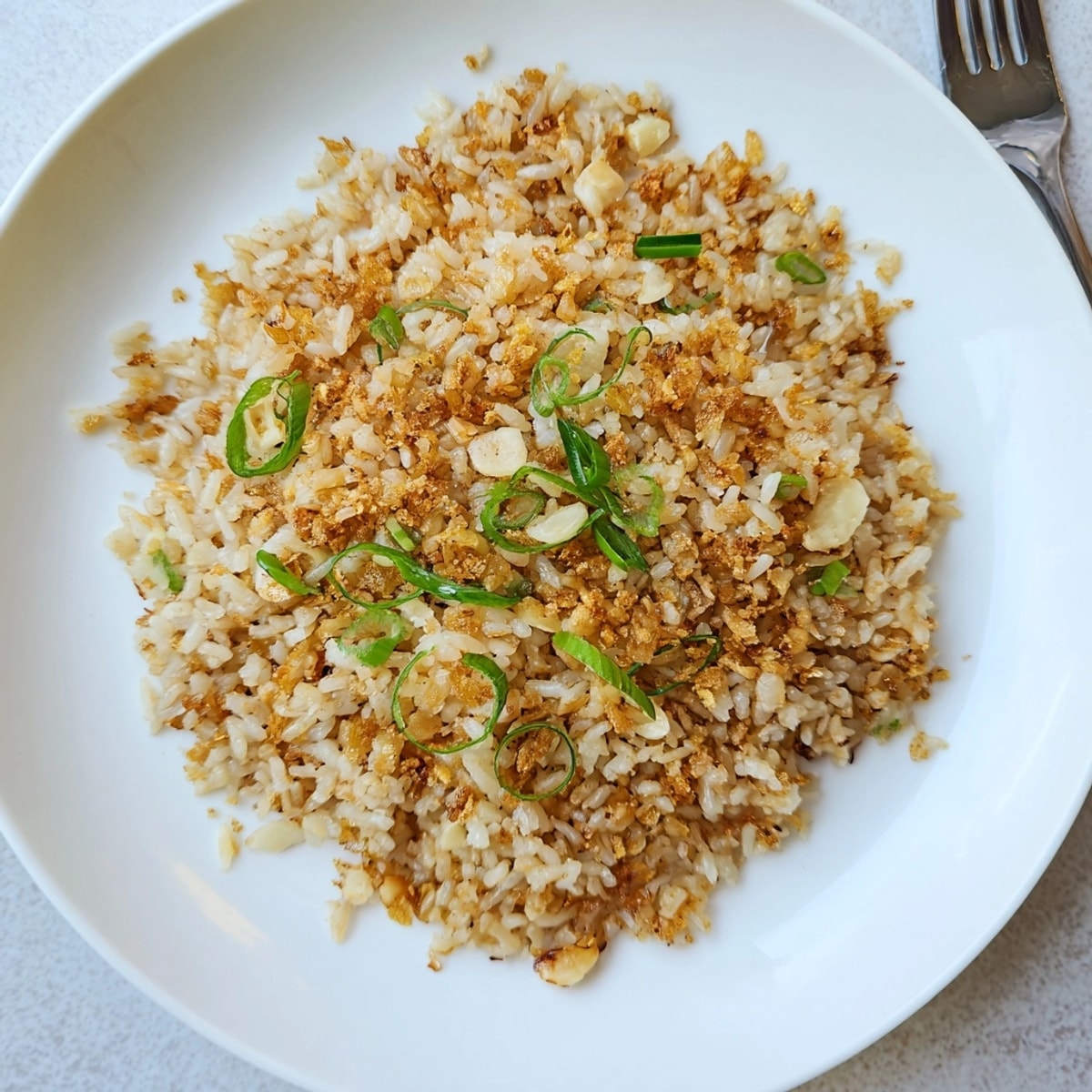 Homemade Garlic Fried Rice recipe shimmering with soy sauce, topped with fresh green onion garnish.