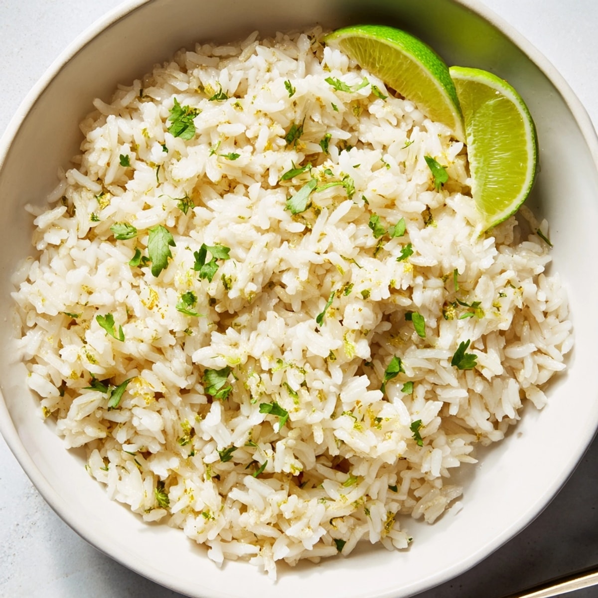Creamy Coconut Lime Rice recipe served in a bowl, garnished with fresh cilantro.