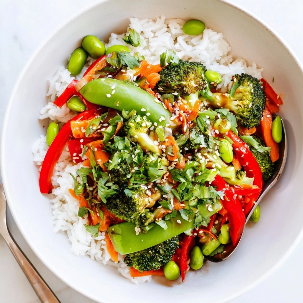 Close-up of a glistening Veggie Teriyaki Rice Bowl, garnished with sesame seeds and cilantro.