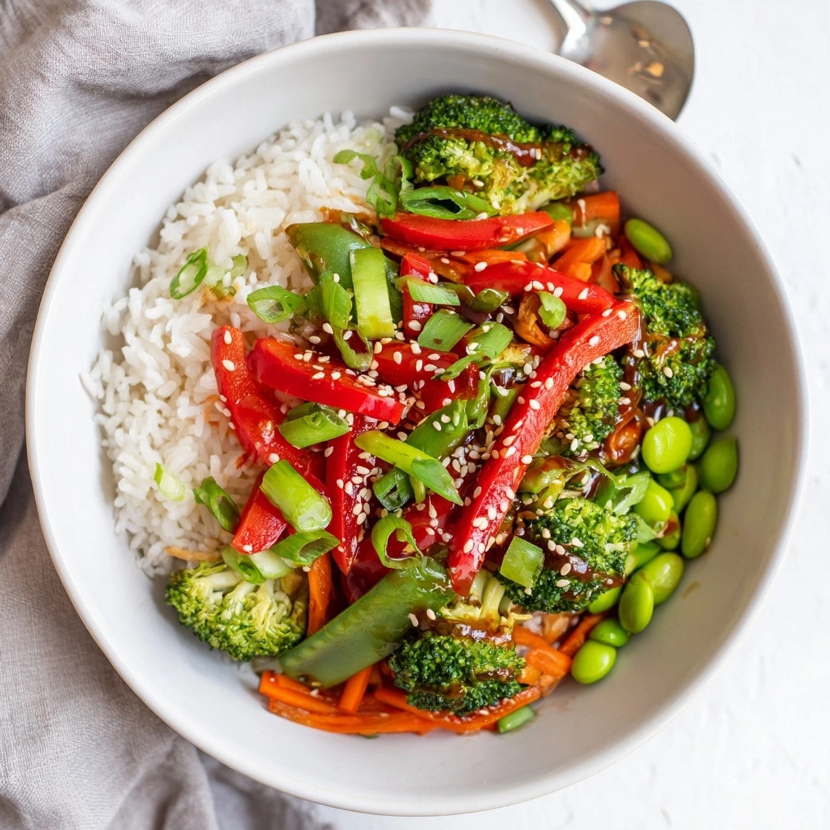 Homemade Veggie Teriyaki Rice Bowl brimming with crisp-tender vegetables in a rich sauce.