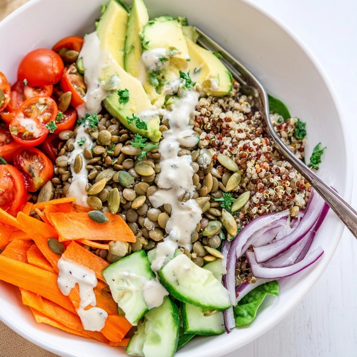 Close-up photo of a creamy tahini dressing drizzled over a Vegan Lentil Power Bowl.