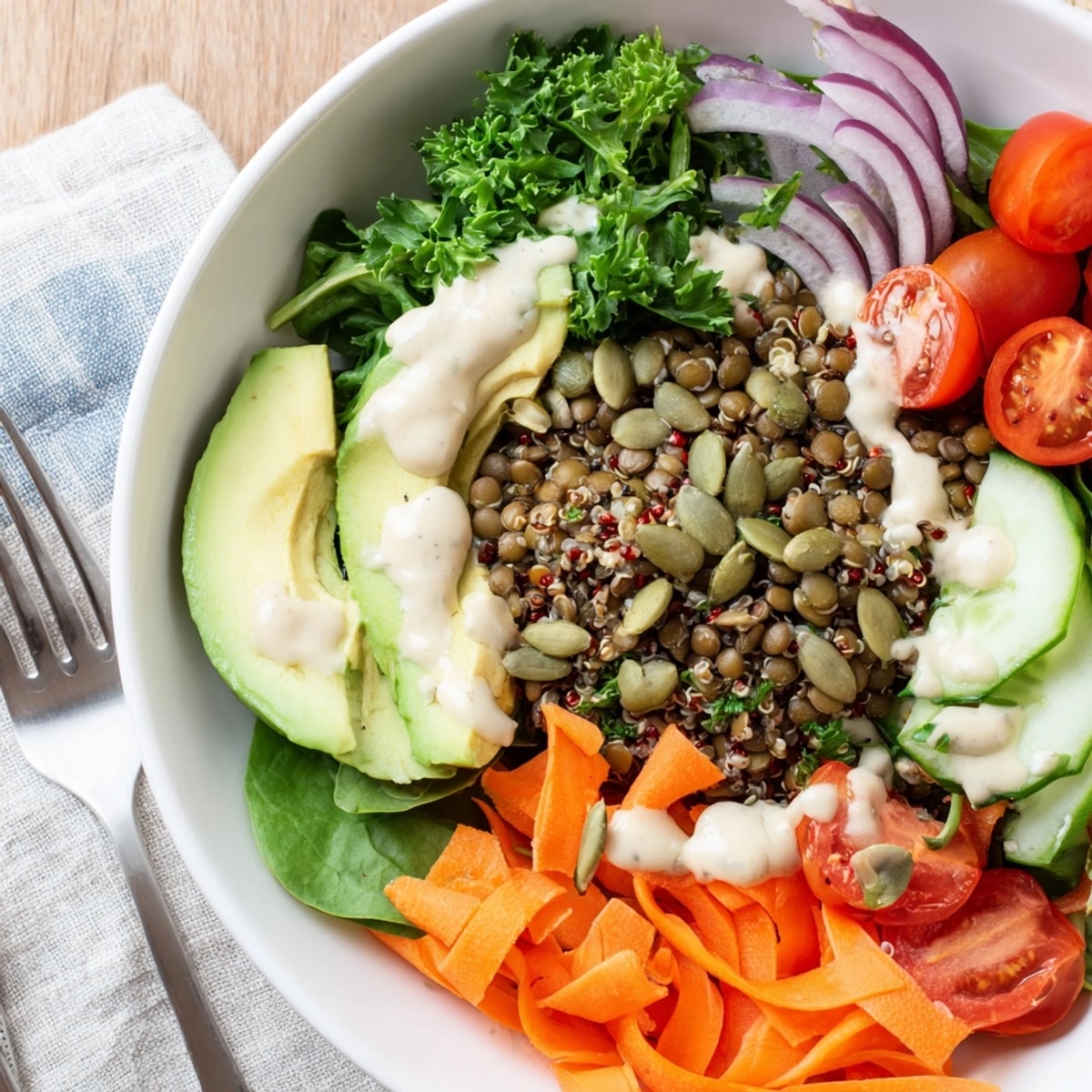 Top-down view of a hearty Vegan Lentil Power Bowl, ready to nourish and delight.