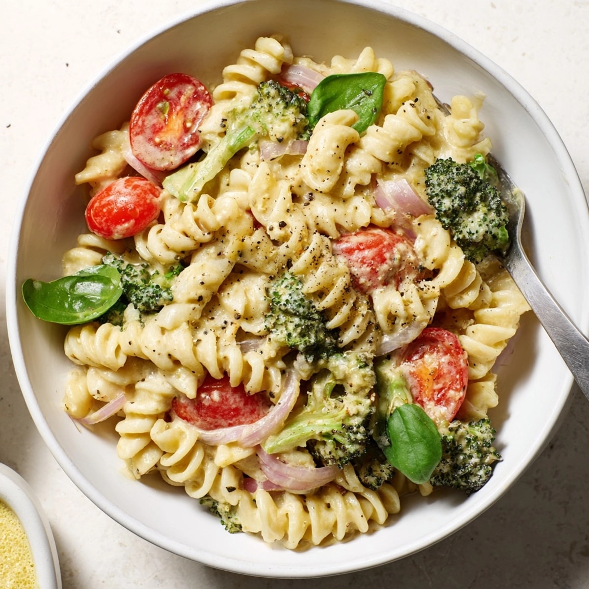 Creamy vegan Cashew Cream Pasta Bowl, a delicious dairy-free comfort meal with fresh basil.