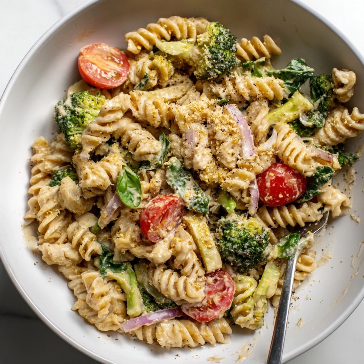 Homemade Cashew Cream Pasta Bowl with sautéed vegetables &ndash; healthy, plant-based dinner ready to serve.