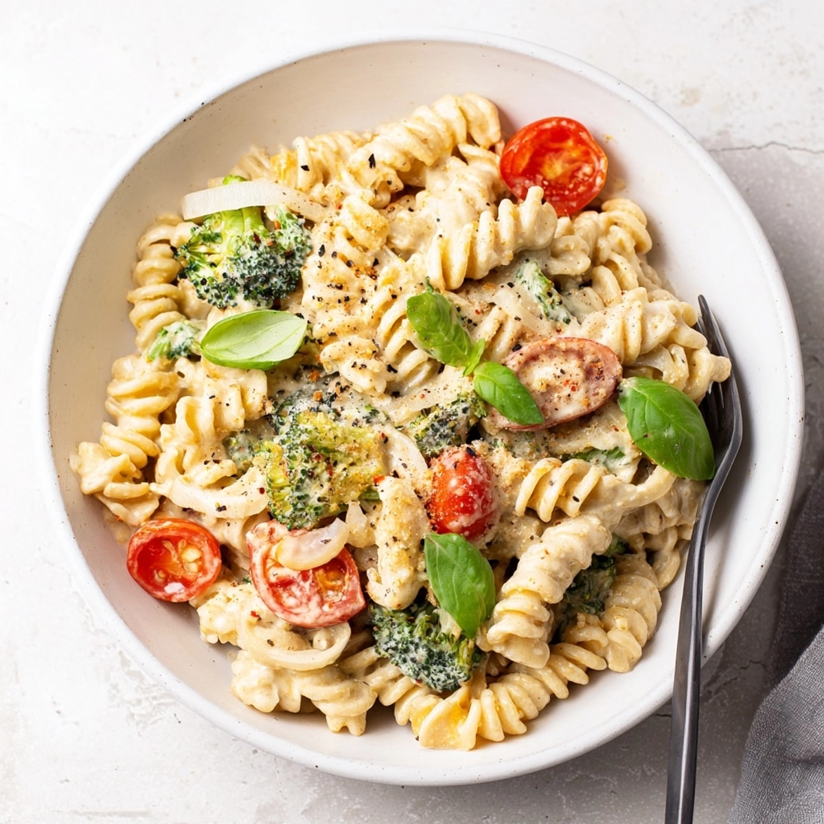 Top-down view of a luscious Cashew Cream Pasta Bowl, garnished with cherry tomatoes.