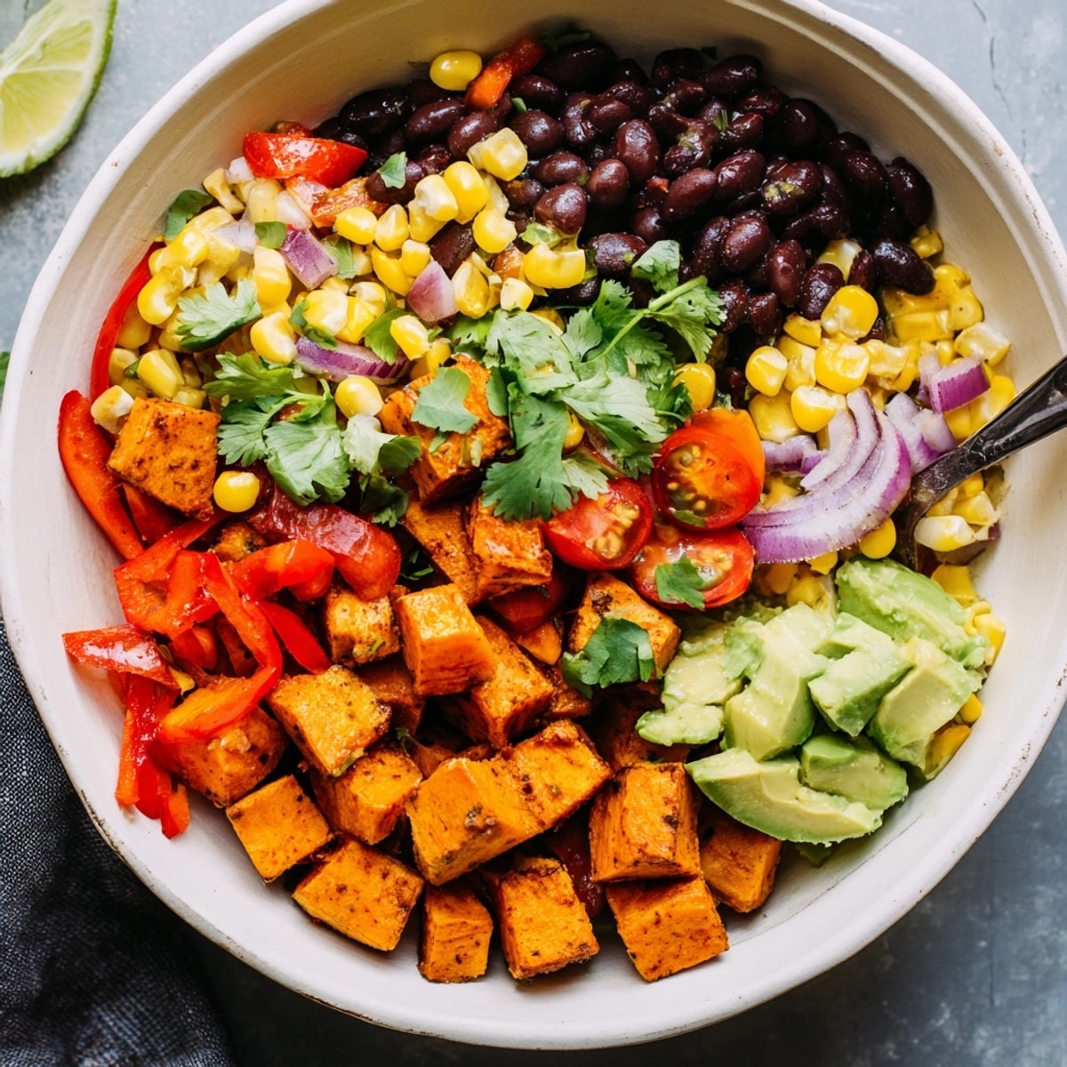 A vibrant Sweet Potato Black Bean Bowl, bursting with roasted veggies and zesty dressing.