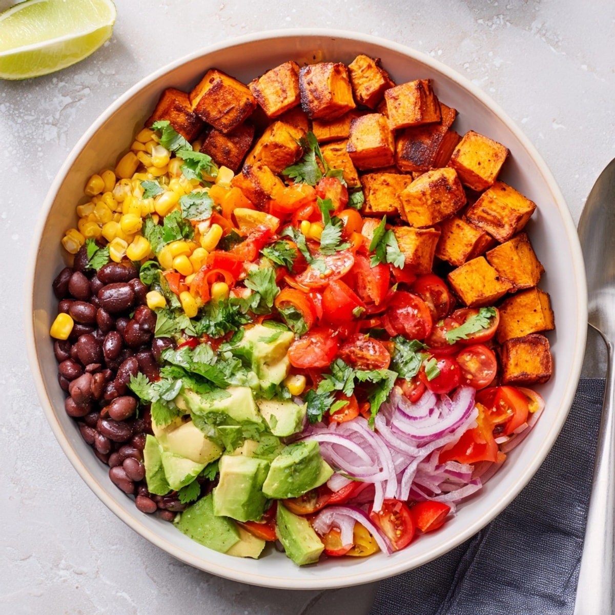 Golden Sweet Potato Black Bean Bowl featuring earthy spices creamy avocado and cilantro.
