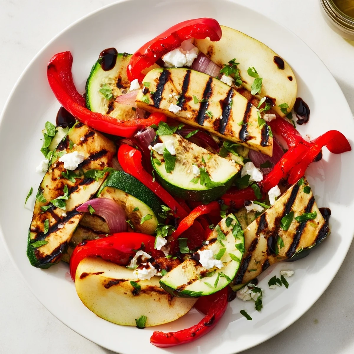 Warm, smoky image: charred Pear recipe featuring seasonal vegetables and balsamic glaze.