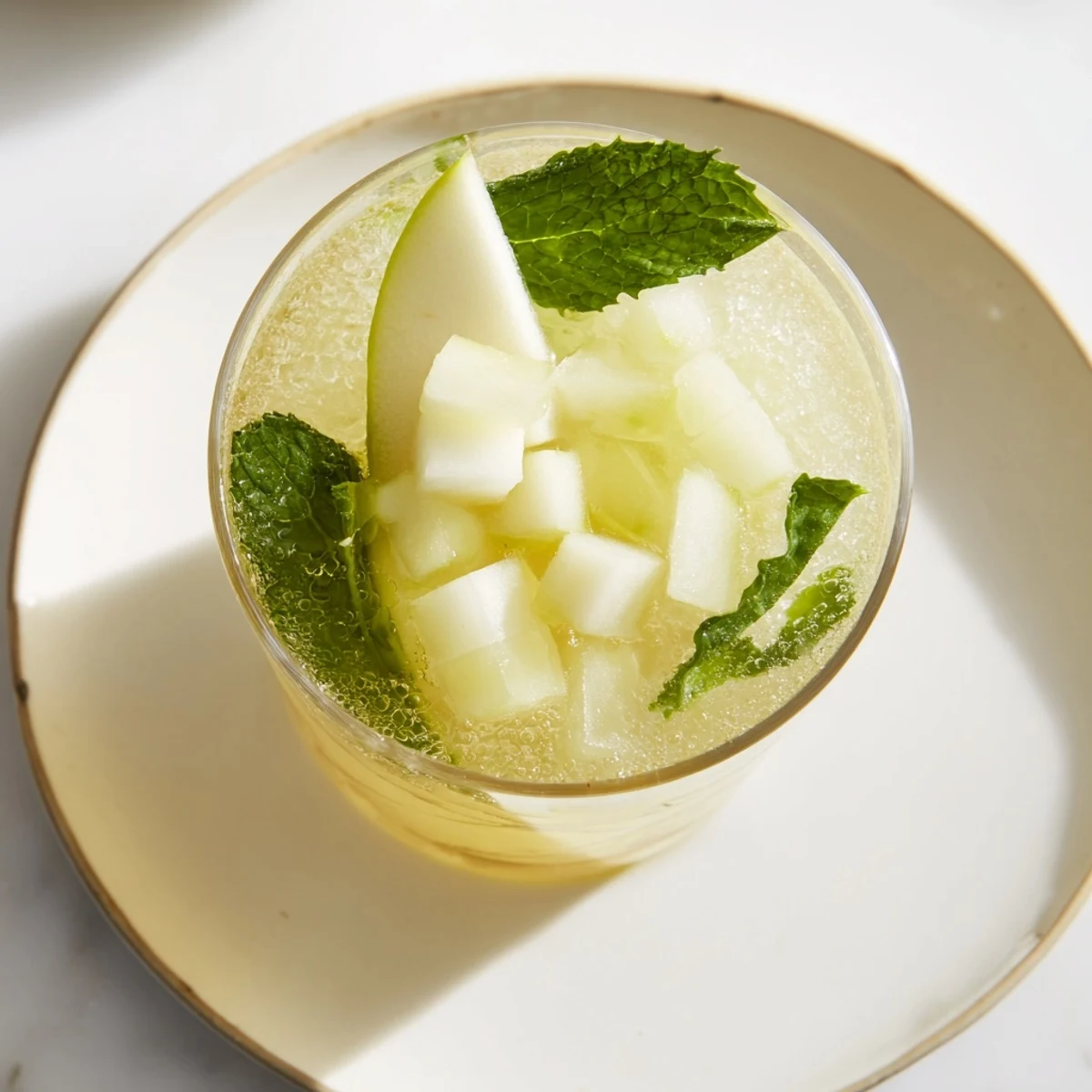 Refreshing Emerald Ginger Pear cocktail garnished with a pear slice and mint, perfect for summer.