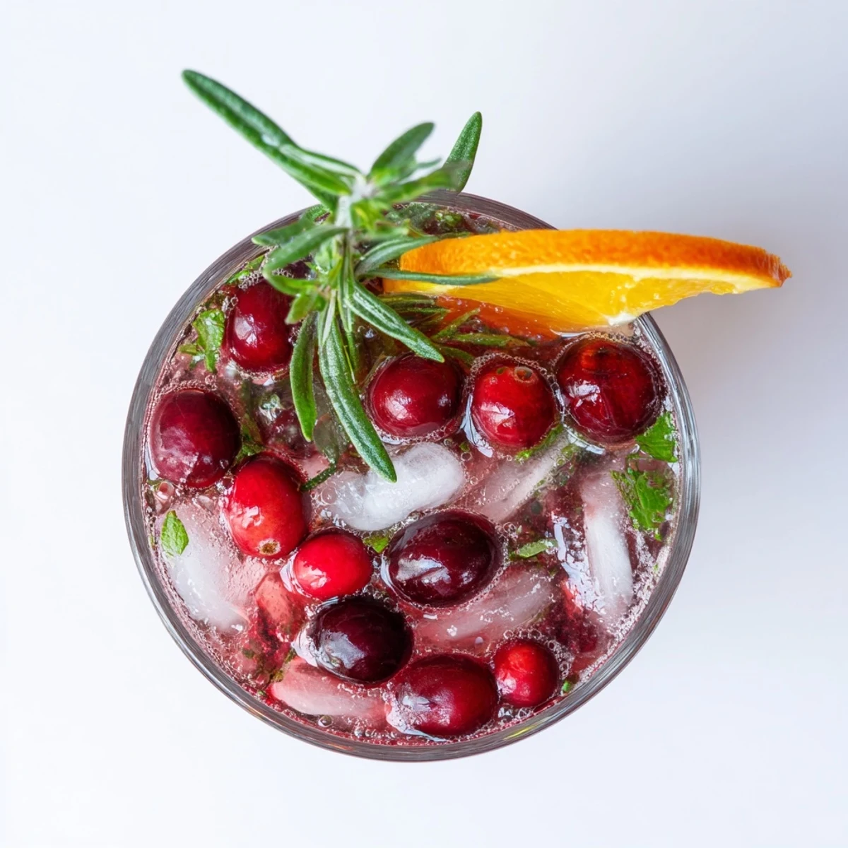 Vibrant winter cranberry herb mocktail, garnished with fresh rosemary and cranberries, a refreshing treat.