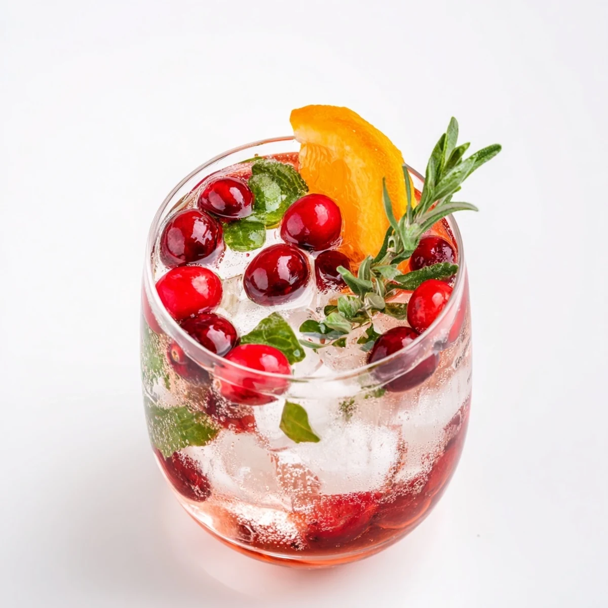 Close-up of a festive winter cranberry herb mocktail, showcasing tart cranberries and citrus slices.