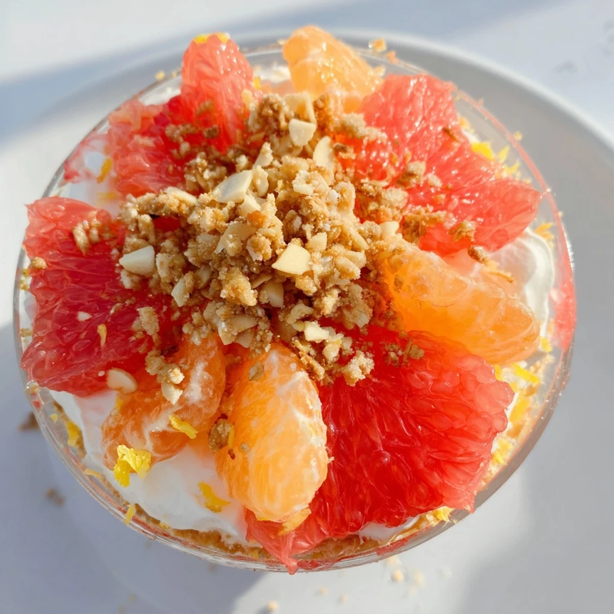 A close-up view of Cozy Bright Citrus dessert, with bright citrus and a sweet almond topping.
