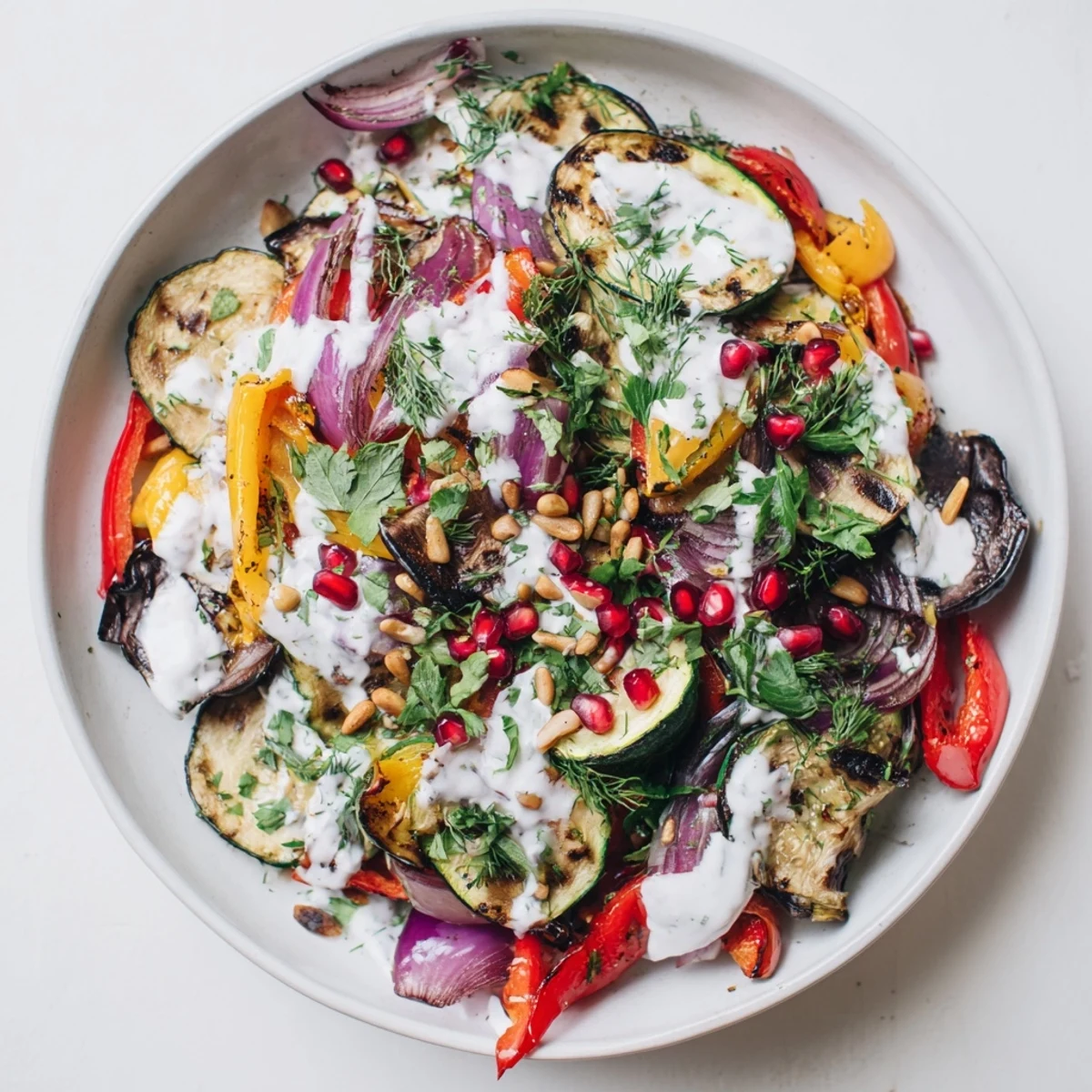 Frosted Charred Veg features smoky grilled peppers and yogurt; perfect for a colorful vegetarian side.