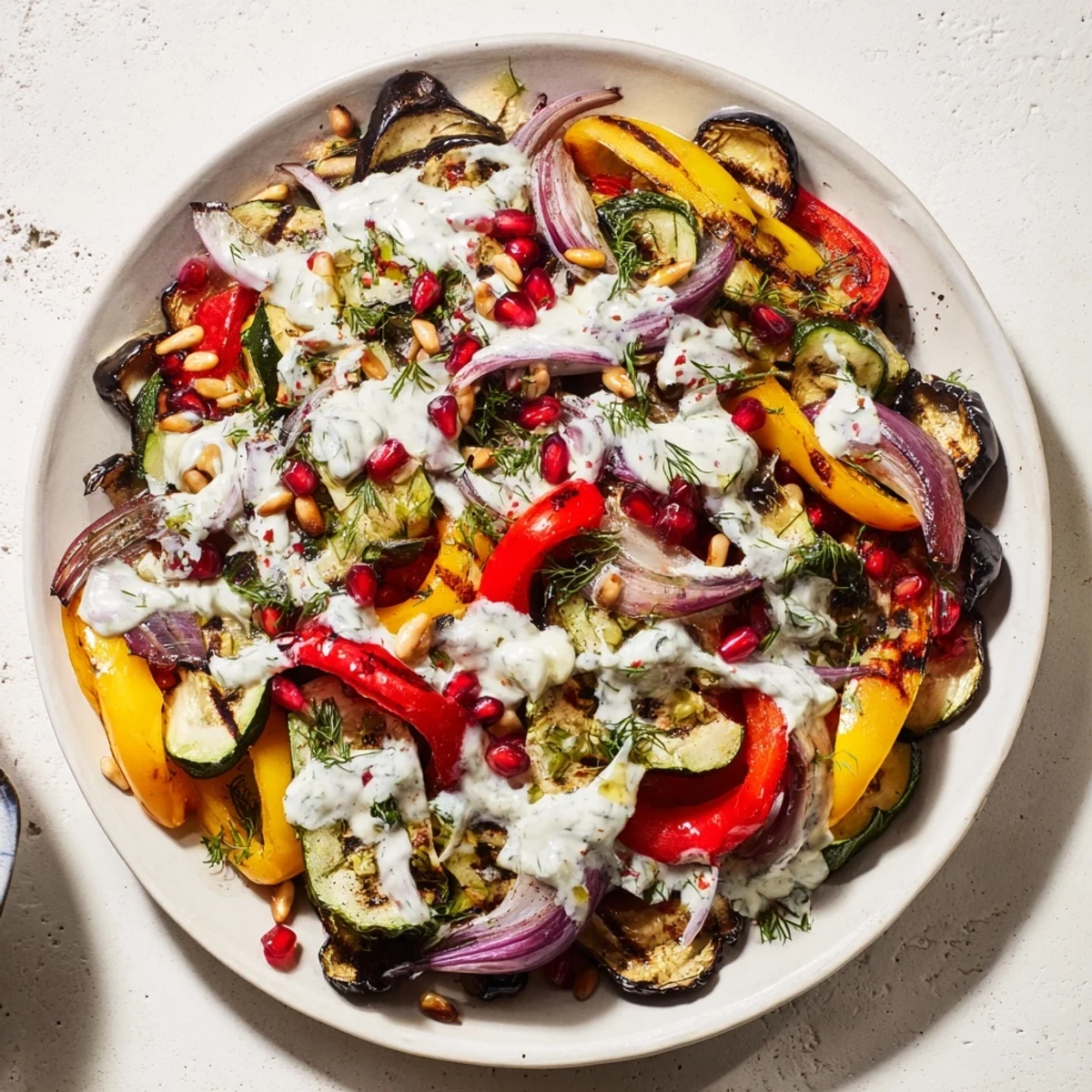 See vibrant Frosted Charred Veg: a platter of charred vegetables smothered in creamy, herb-infused yogurt.