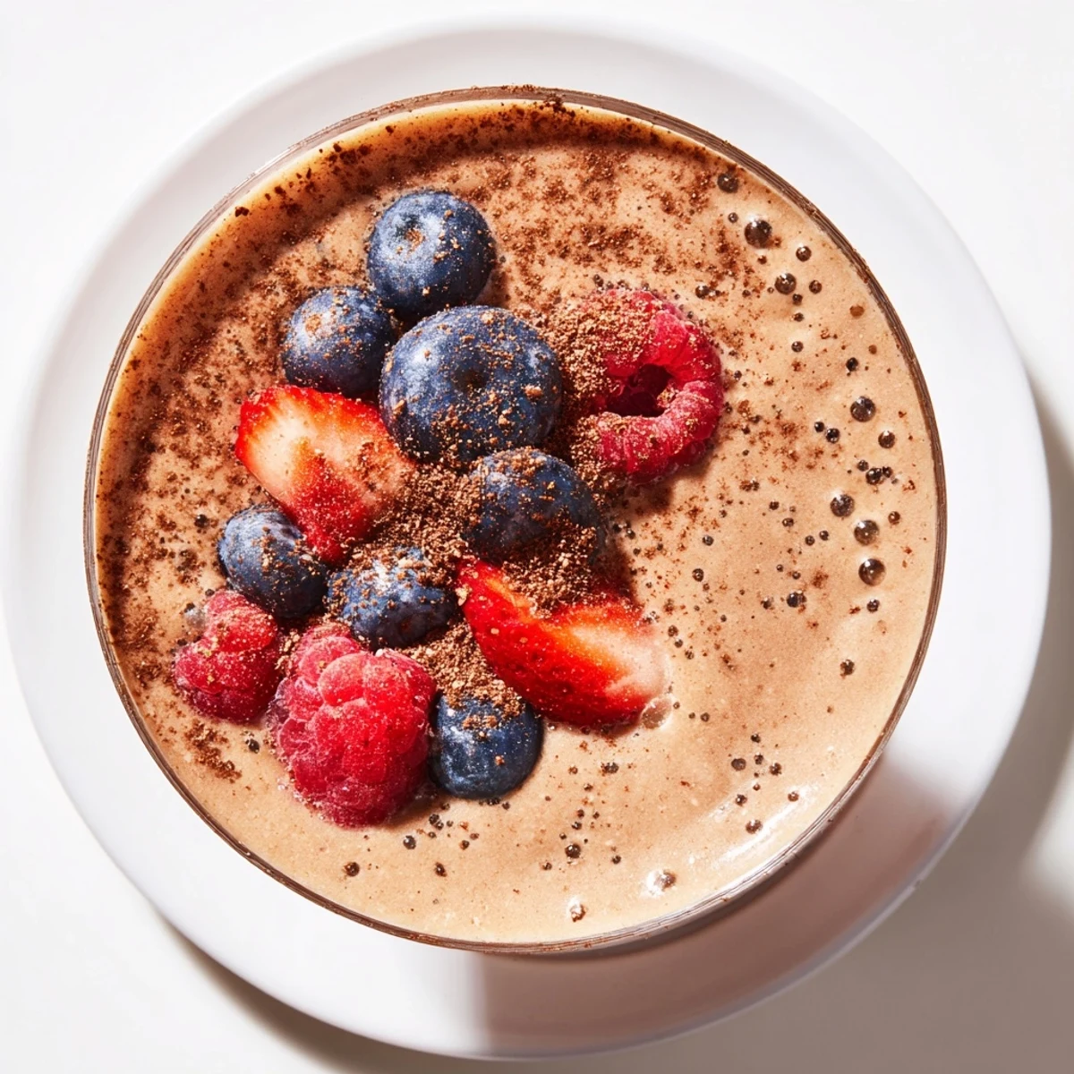 Creamy golden cocoa berry smoothie poured into glasses, garnished with juicy fresh berries.