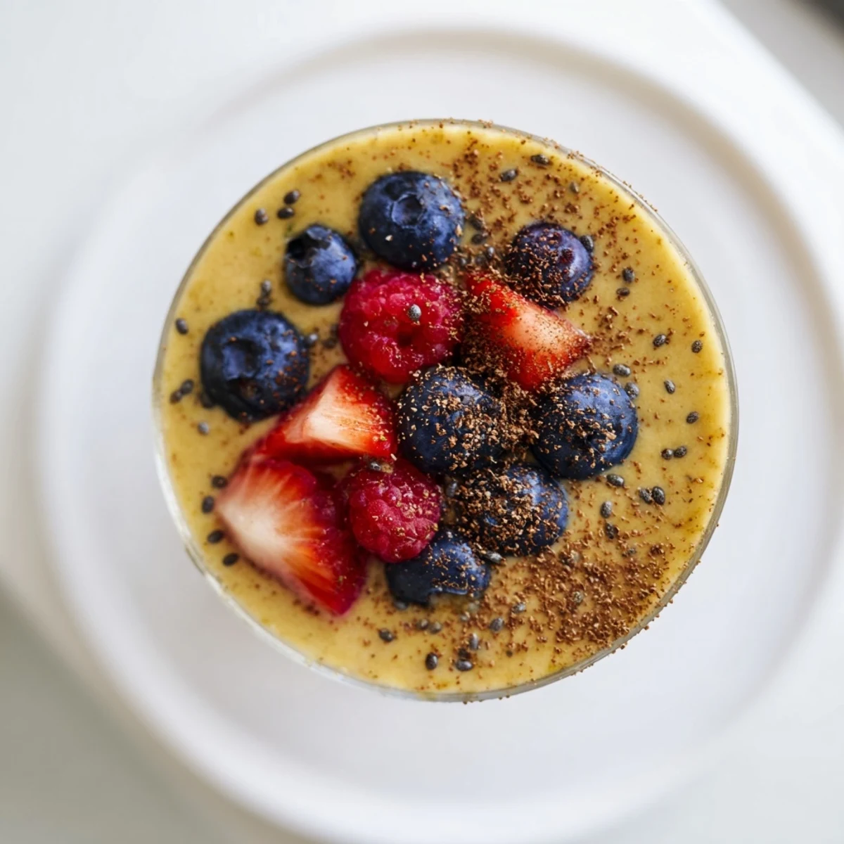 Vibrant photo shows the finished golden cocoa berry smoothie; a delicious, healthy breakfast option.