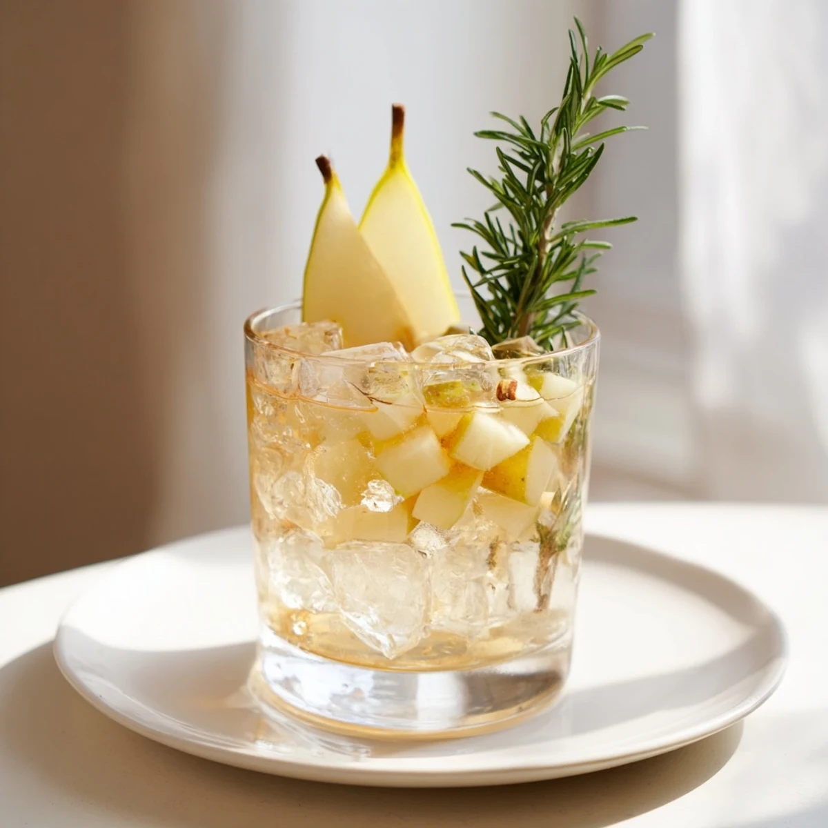 A frosty glass of Evergreen Ginger Pear mocktail garnished with fresh rosemary and pear slices.